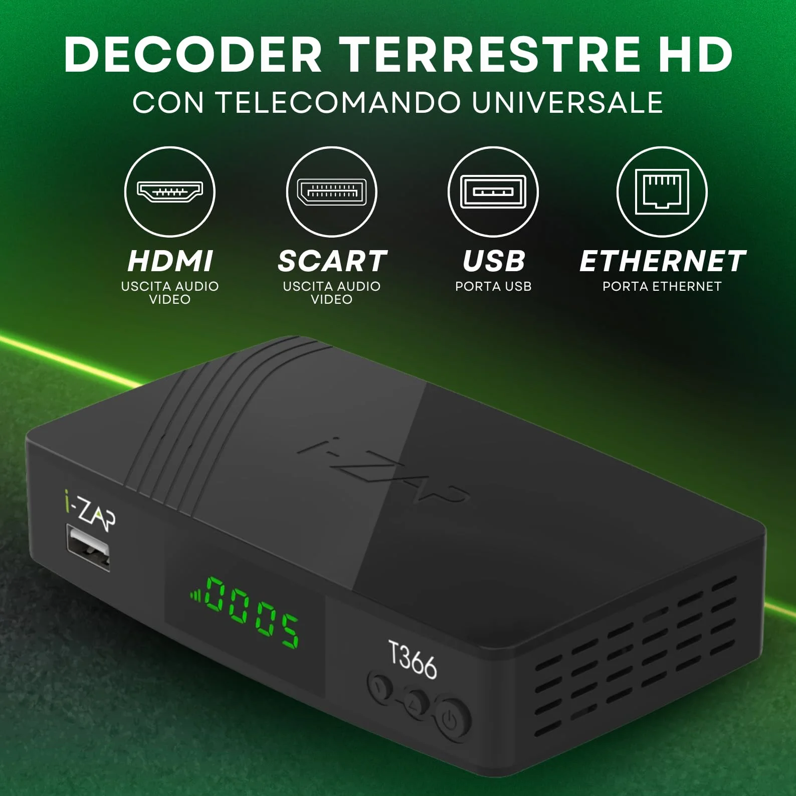 i-ZAP T366 Decoder Digitale Terrestre DVB-T2 HDMI SCART USB ETHERNET