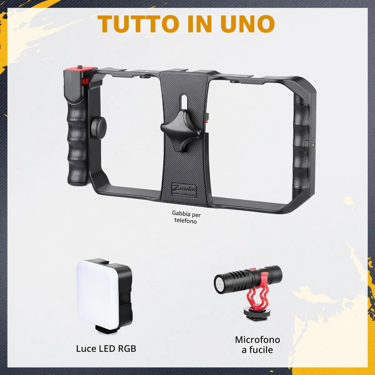 Zeadio Kit Video Rig per Smartphone All-in-One, Gabbia Regolabile con Luce Video RGB, Microfono Shotgun e Stabilizzatore Video Universale – Ideale per Filmmaking, Vlogging, YouTube, TikTok ecc