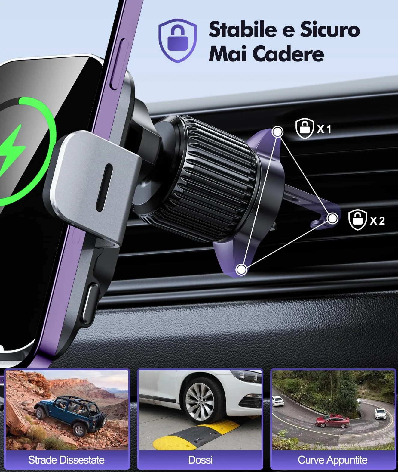 ISEYOU Caricatore Wireless Auto, 15W Supporto Telefono Auto Ricarica Wireless Rapida Bloccaggio Automatico, 360°Rotazione Caricabatterie Wireless Auto Compatibile con iPhone 17 16 15 14 Pro Max Galaxy