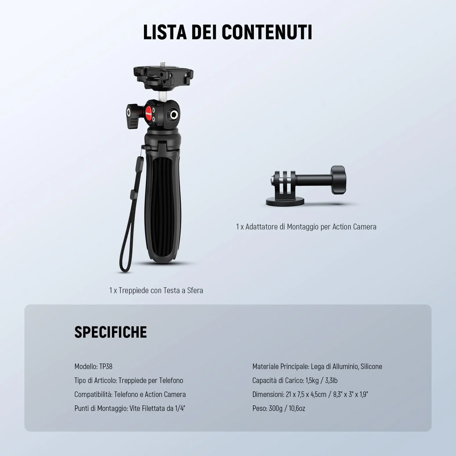 NEEWER TP38 Treppiede Fotocamera Smartphone Selfie Stick con Porta Cellulare Adattatore Action Cam Compatibile con iPhone GoPro, Mini Tripod Supporto Viaggio con Panno Pulizia per Vlog Riprese Video