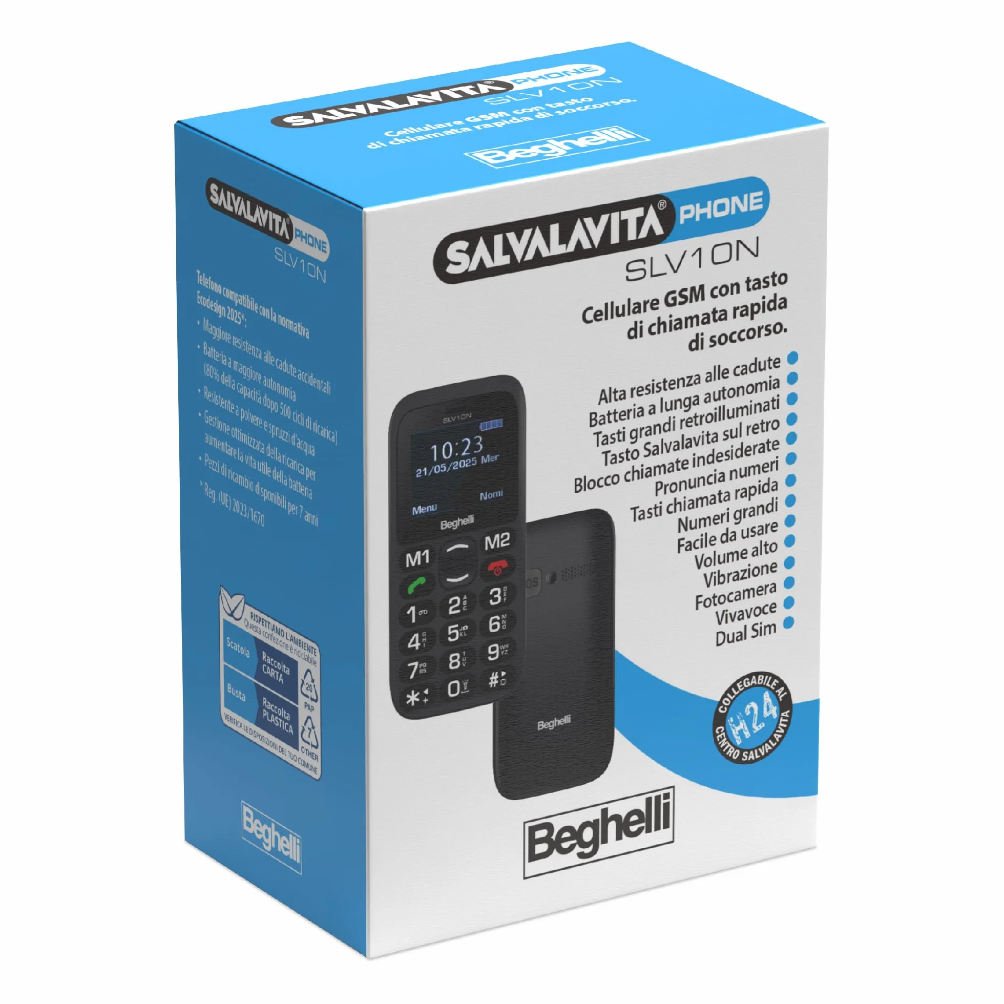 Beghelli - Telefono Salvalavita SLV10N per Anziani, gsm con Tasto SOS, Chiamata Rapida, Grandi Tasti, Volume Alto, Display 1.77", Dual SIM, Facile da Usare, Leggero, Multifunzione