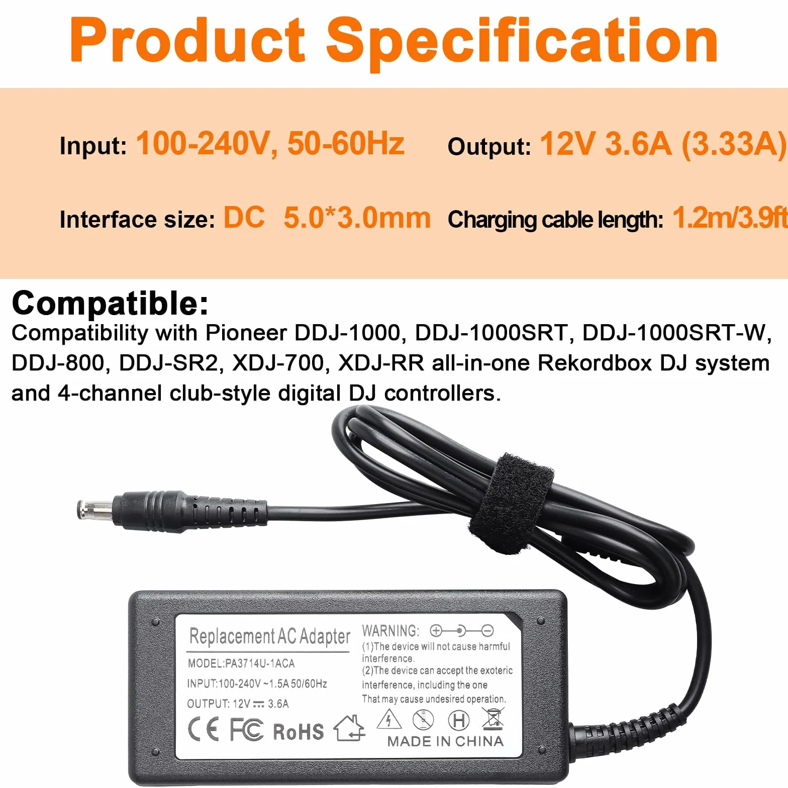 12 V 3,6 A Adattatore di Alimentazione, Compatibile con Pioneer DJ DDJ-1000 DDJ-1000 SRT DDJ-800 DDJ-RR XDJ-RR, Compatibile con Sony PSVR PSVR2 Playstation VR CUH-ZAC1 CUH-ZVR2 Caricabatterie ADP-36NH