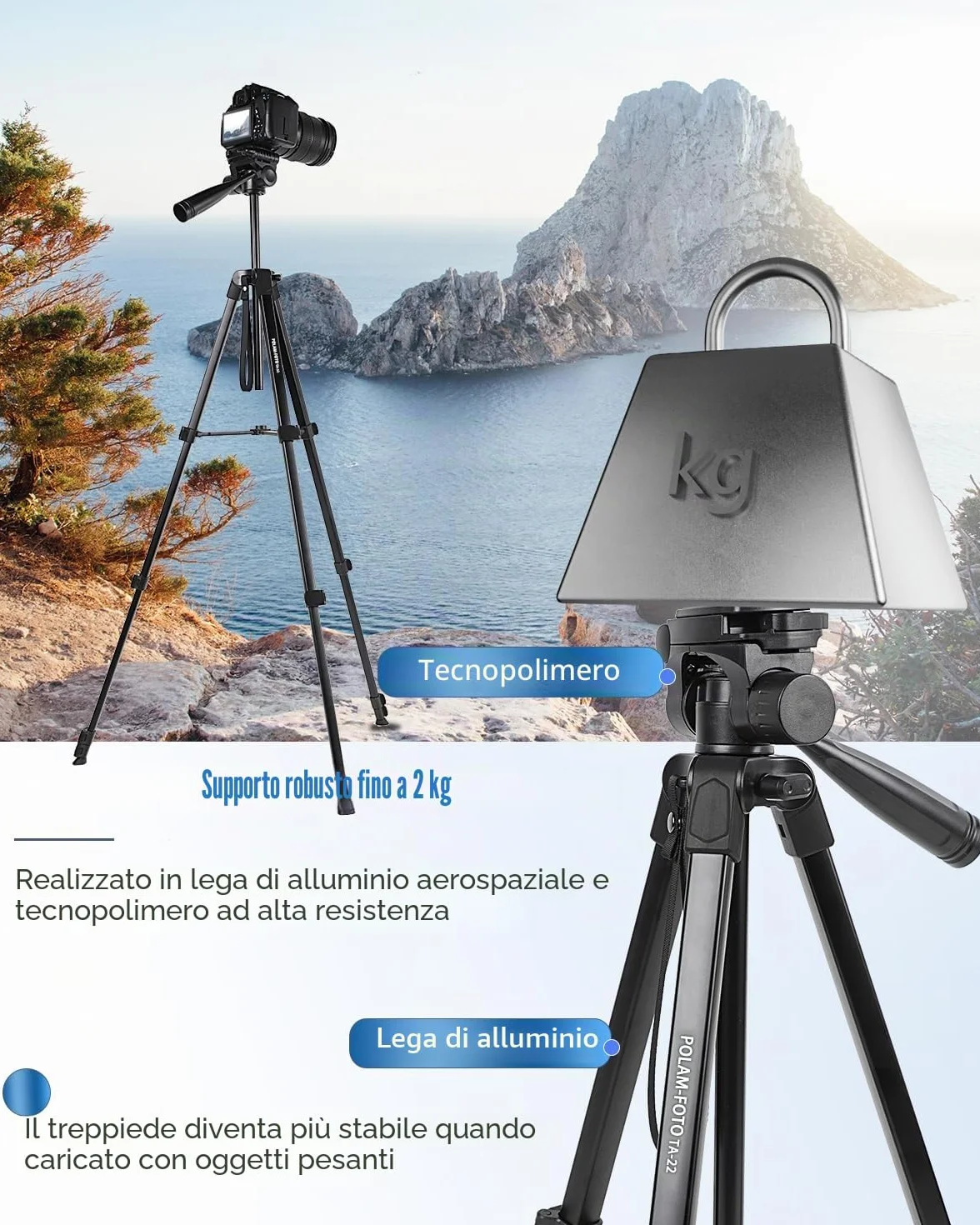 POLAM-FOTO 172 cm Treppiede leggero per smartphone, treppiede in alluminio, con testa panoramica a 3 vie e supporto per cellulare, adatto per smartphone e fotocamere DSLR, nero