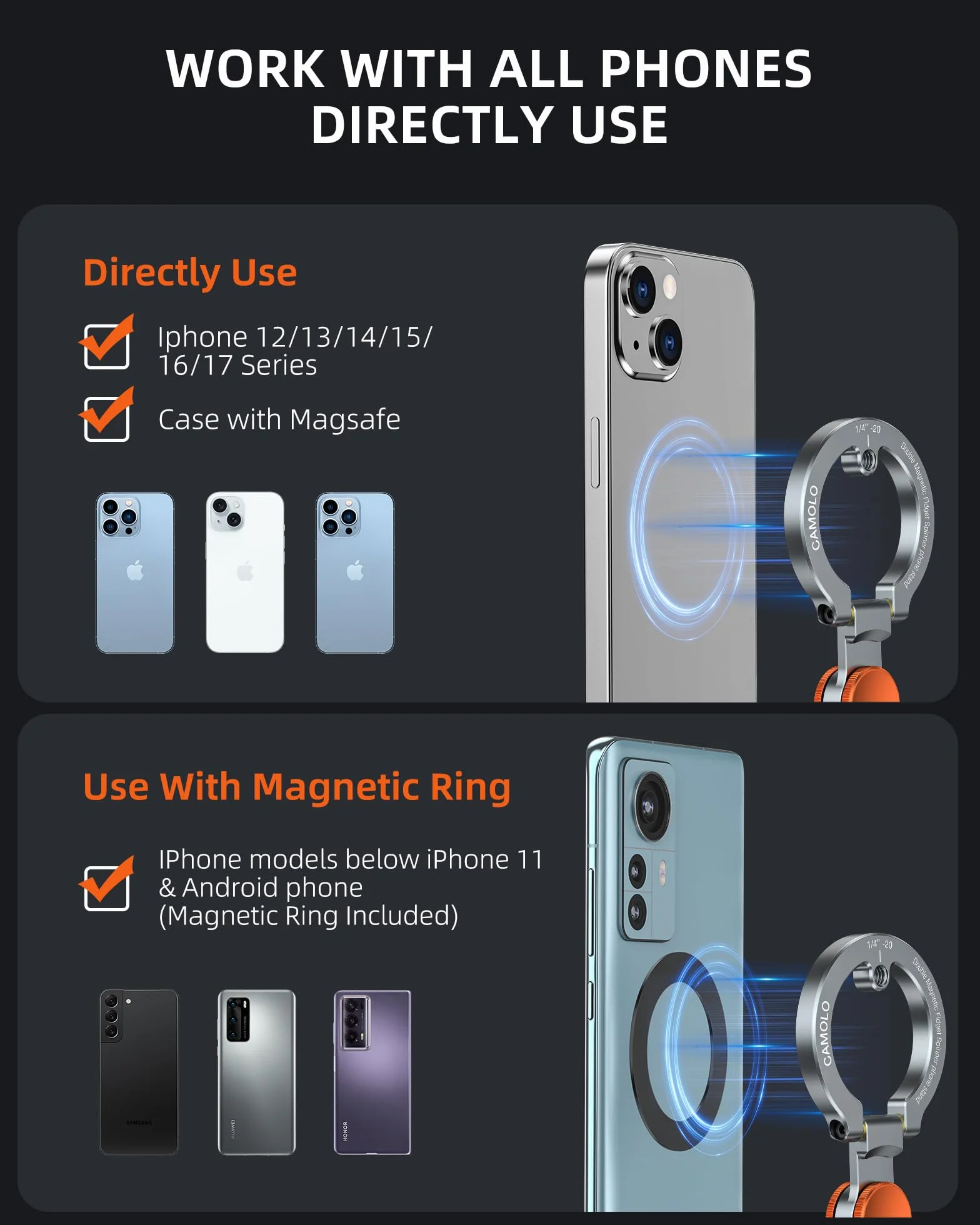 Supporto magnetico per telefono con fidget spinner, supporto a doppio anello laterale, si attacca a qualsiasi superficie di ferro, foro per vite da 1/4", compatibile con iPhone 17/16/15/14/13/12 Pro