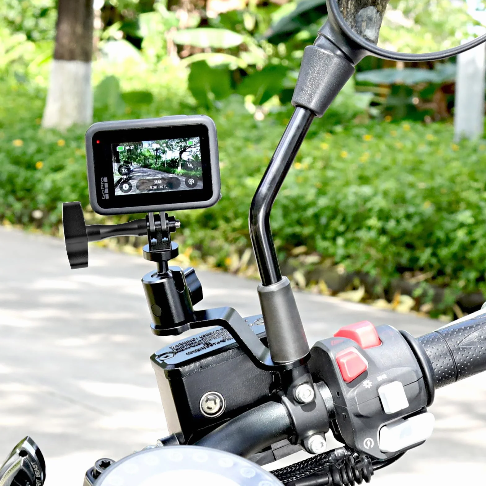 Forevercam Supporto per Moto specchietto retrovisore in Alluminio a 360° Compatibile con Gopro Max Hero 12/11/10/9/8/7/6/5, YI, AKASO, SJCAM, DJI Osmo e Altre Fotocamere di Azione