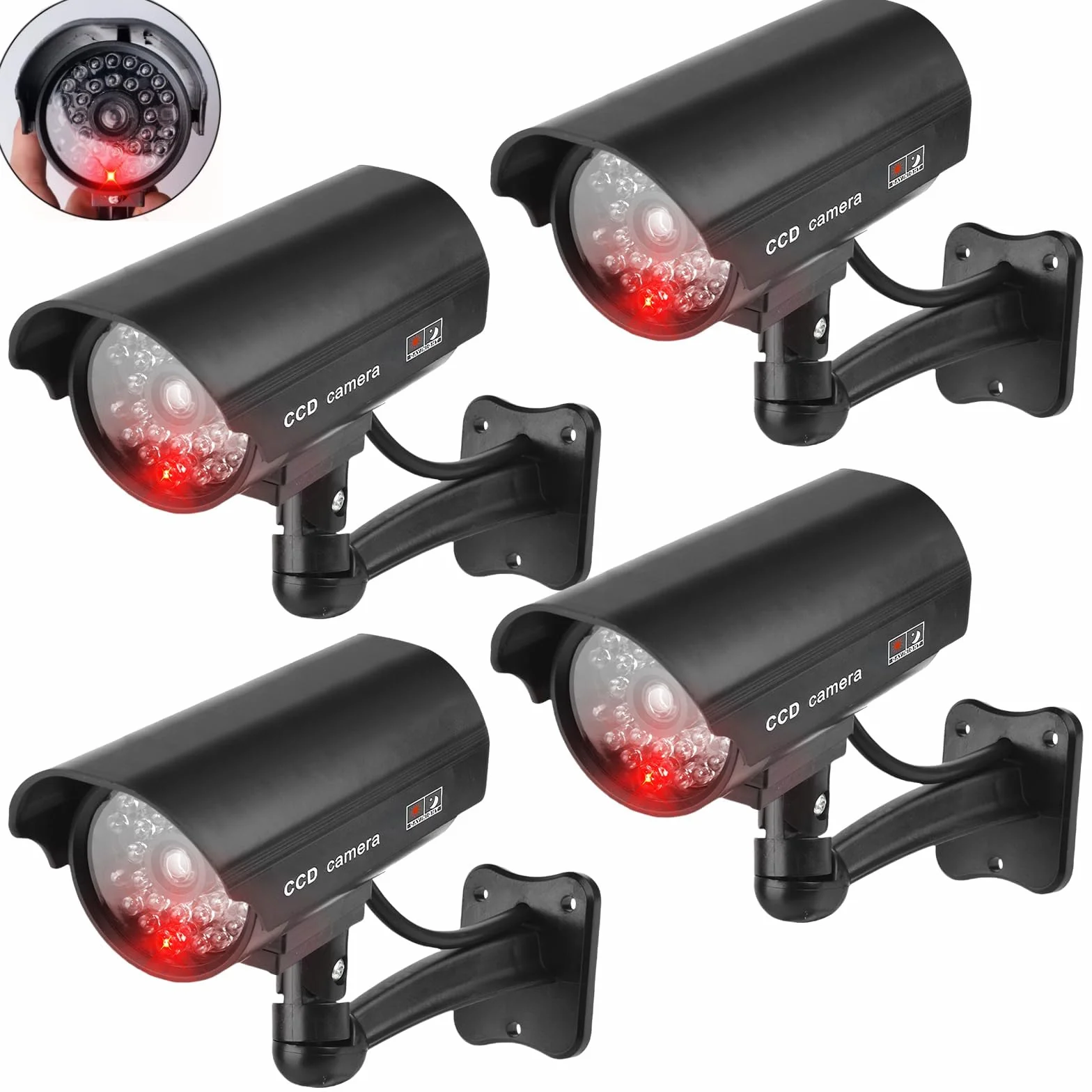 GOMETY 4 fotocamere Atrappe esterne, finte fotocamera con LED rosso lampeggiante, telecamera di sorveglianza, per esterni, CCTV, manichino, telecamera di sicurezza per interni ed esterni (nero) (4)