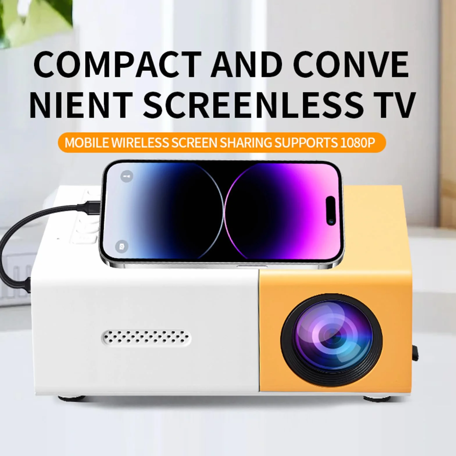 PUSOKEI Mini Proiettore, Proiettore Video Full HD 1080p con luminosità 100SI 6000LM, Correzione Automatica, Messa a Fuoco Manuale, Compatibile con IOS/telefono Android/HDMI/USB/TV