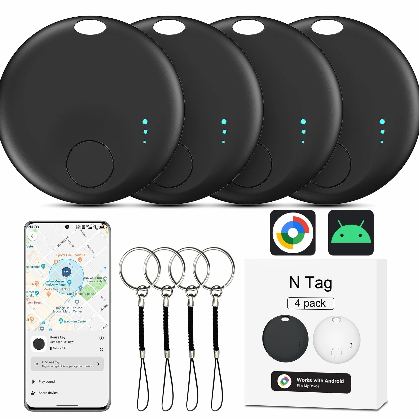 Air Tracker Android 4 PCS Smart Tracker Tag GPS Localizzatore Chiavi Bluetooth Tracker Portafogli Zaini Animale Nero