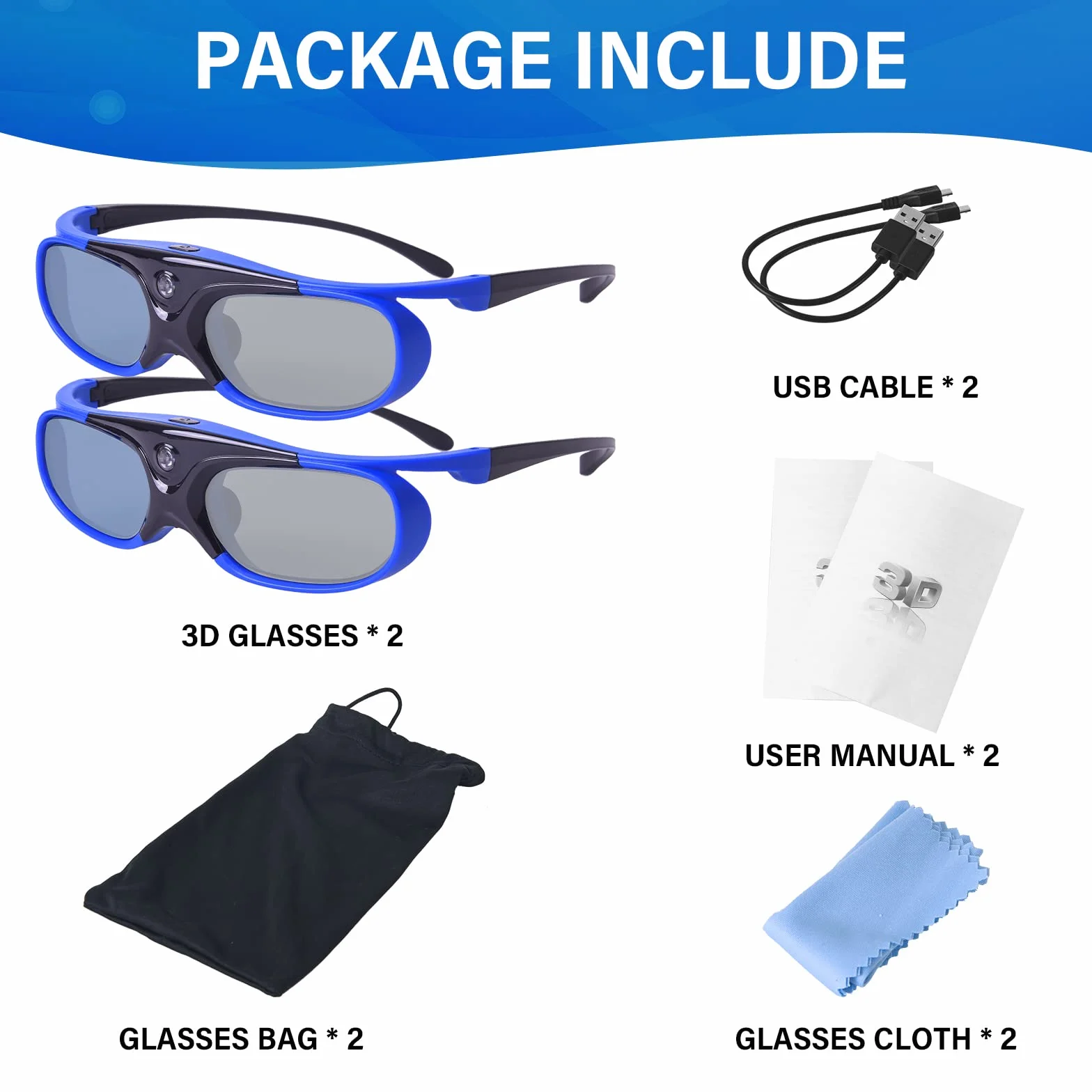 3D Occhiali, Otturatore Attivi 3D Ricaricabile Occhiali per 3D DLP-Link Proiettori Acer BenQ Jmgo Optoma Philips LG Infocus NEC Viewsonic Cocar Toumei Vivitek Videoproiettore - Blu 2 Pezzi