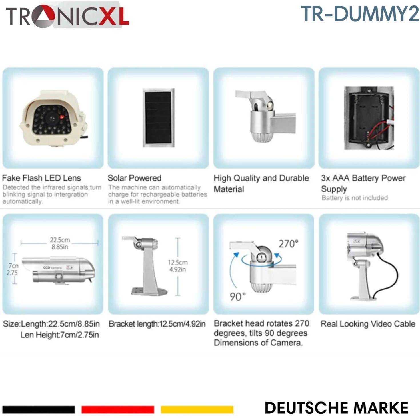 TronicXL Telecamera di sorveglianza solare di alta qualità, CCTV con LED lampeggiante, CCD professionale, per interni ed esterni