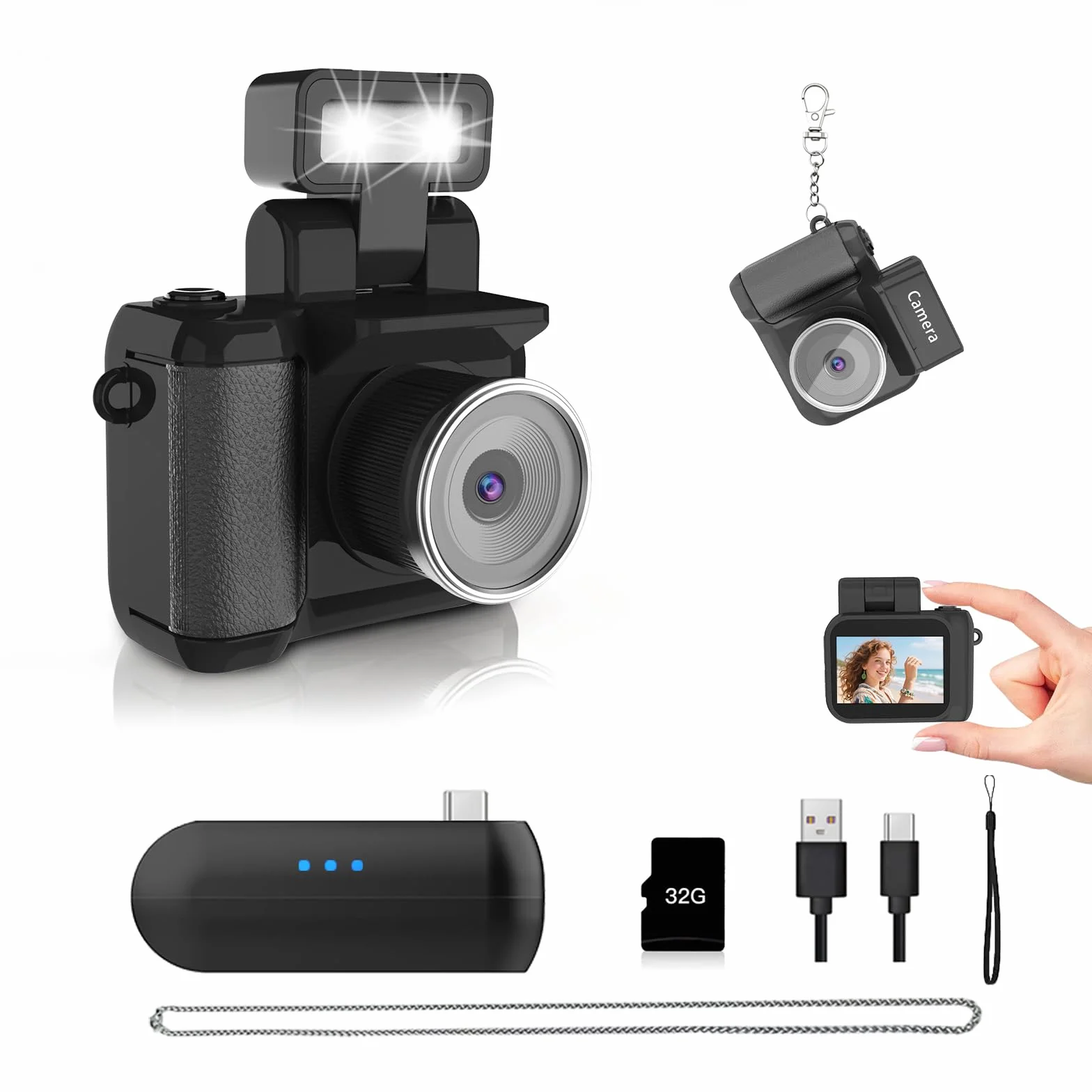 Mini Fotocamera Digitale Compatta 1080P, Mini Fotocamera Portachiavi con Schermo 1.4" e Luce LED, macchina fotografica vintage per Viaggi, Vlogging e Regalo di Laurea (Scheda SD 32GB Inclusa)