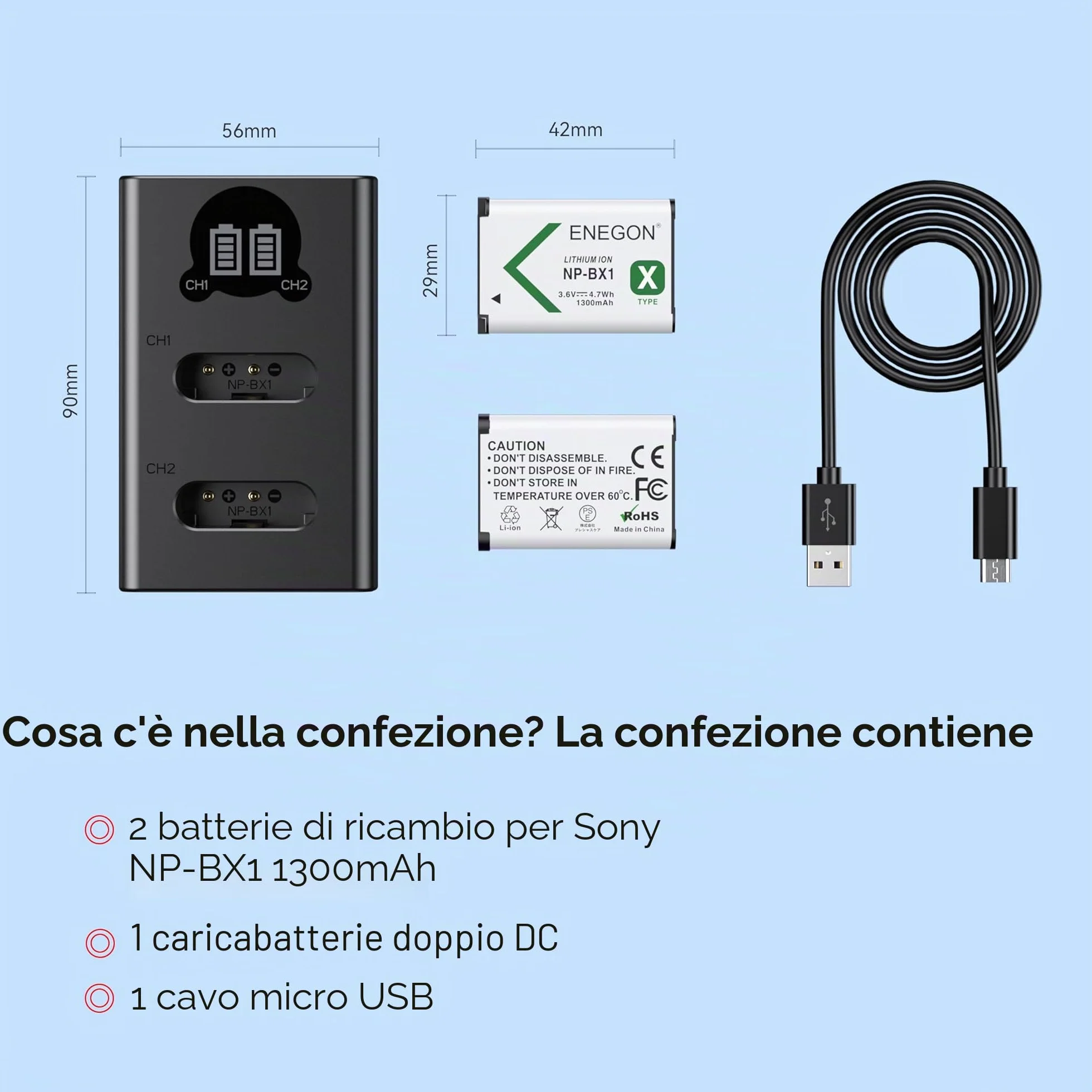 ENEGON NP-BX1 Kit Batteria (1300mAh Pacco da 2) e Caricatore LCD Compatibile con Sony NP-BX1, Sony ZV-1, Cyber-Shot DSC-RX100, DSC-RX100 II/III/M4/M5/M6/M7/Ⅳ/Ⅴ/Ⅵ/Ⅶ/VA, DSC-RX100M II, HDR-CX405