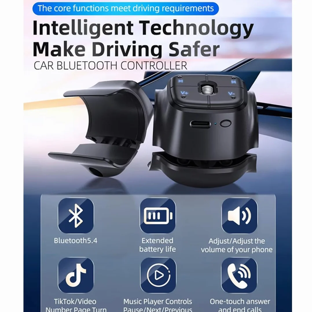 TikTok - Telecomando Bluetooth per auto, bici, moto, pulsante di controllo del volante, batteria ricaricabile integrata, compatibile con iPhone e telefoni Android