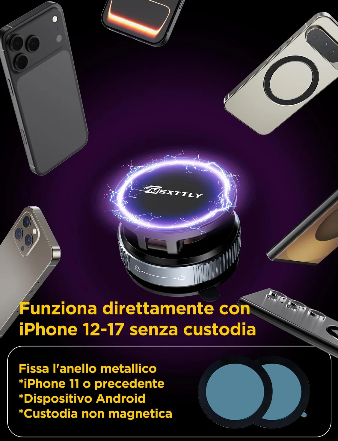 MSXTTLY Supporto Telefono Auto, Vmag-S2 2026 Supporto Magnetico a Vuoto, Forte Aspirazione, Rotazione 360°, Compatibile con iPhone 17-12 Pro MAX e Android Nero