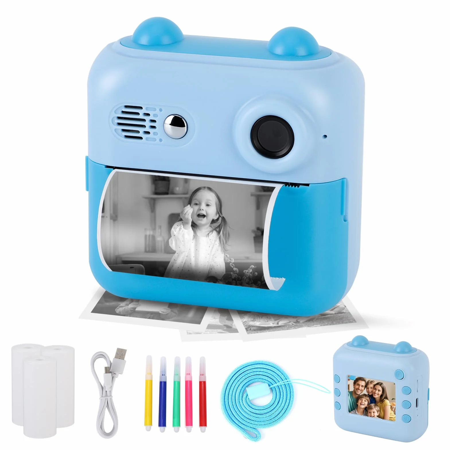 Gugxiom Kids Camera Instant Print, Fotocamera Digitale per Bambini con Scheda SD da 32 GB e 3 Rotoli Di Carta per Stampante, Fotocamera per Bambini per Ragazzi e Ragazze (blu)