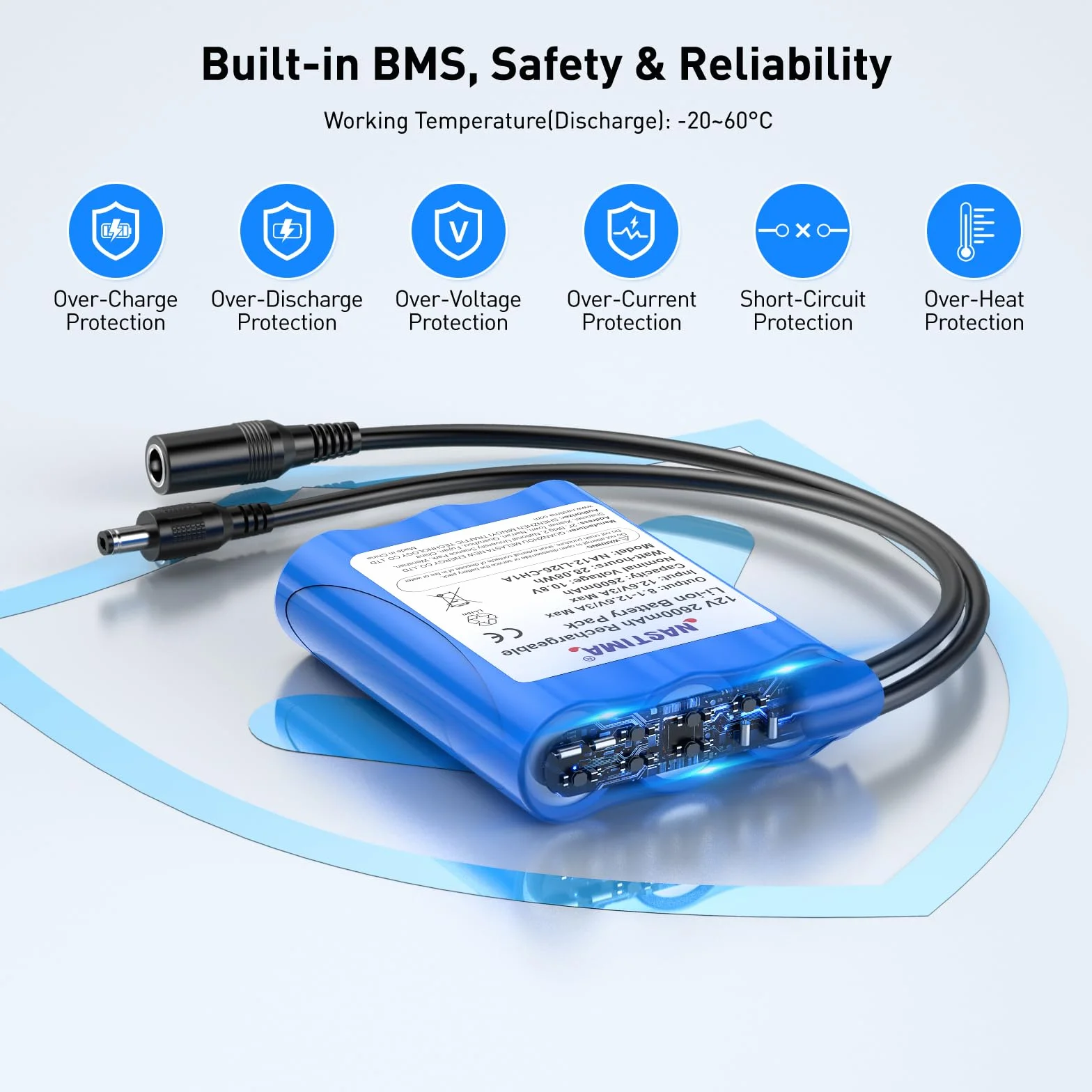 NASTIMA 2600mAh 28,08Wh 12V Batterie Lithium-Ion Rechargeable Adaptée aux Appareils Photo, Caméscopes, Lecteurs MP3, Claviers Électroniques, Routeur, Radio, etc. Chargeur et Connecteur Inclus