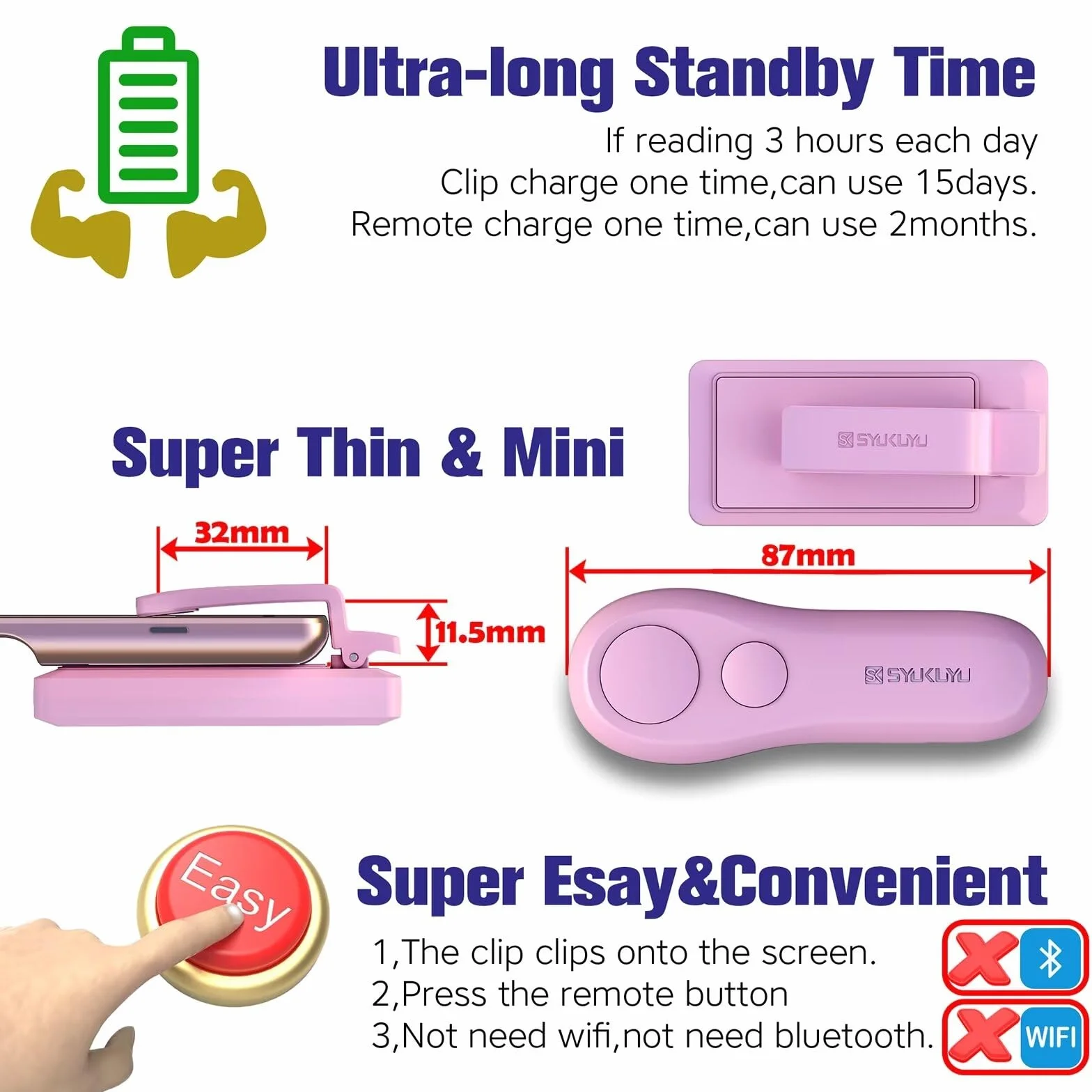 SK SYUKUYU Page Turner per Kindle Paperwhite Oasis Kobo eReaders, telecomando RF Clicker per iPad Tablets lettura, fotocamera remota e pulsante video (Rosa)