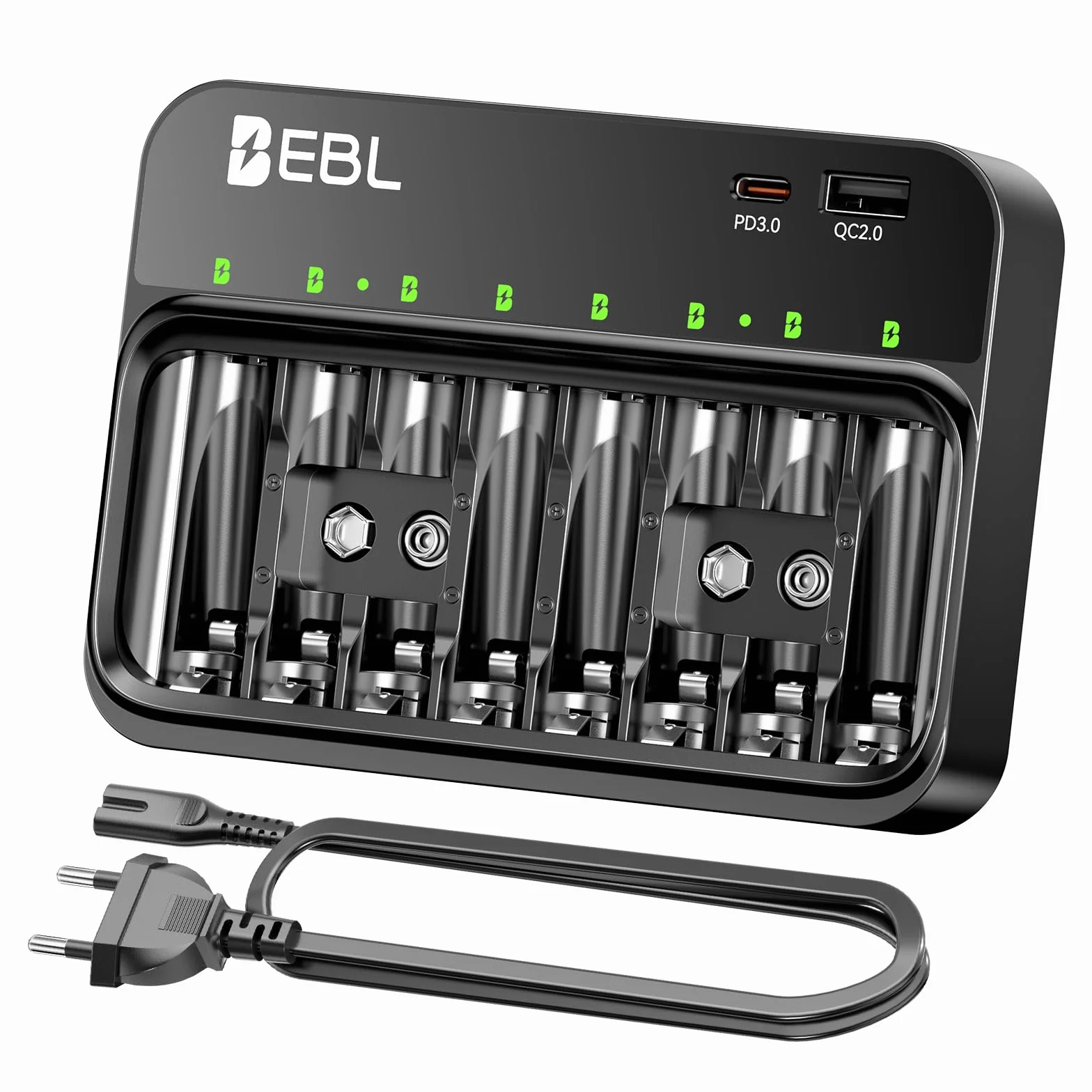 EBL Caricabatterie per batterie AA AAA 9V, 8 slot caricatore indipendenti, ingresso USB-C PD3.0 & Micro USB, caricatore rapido