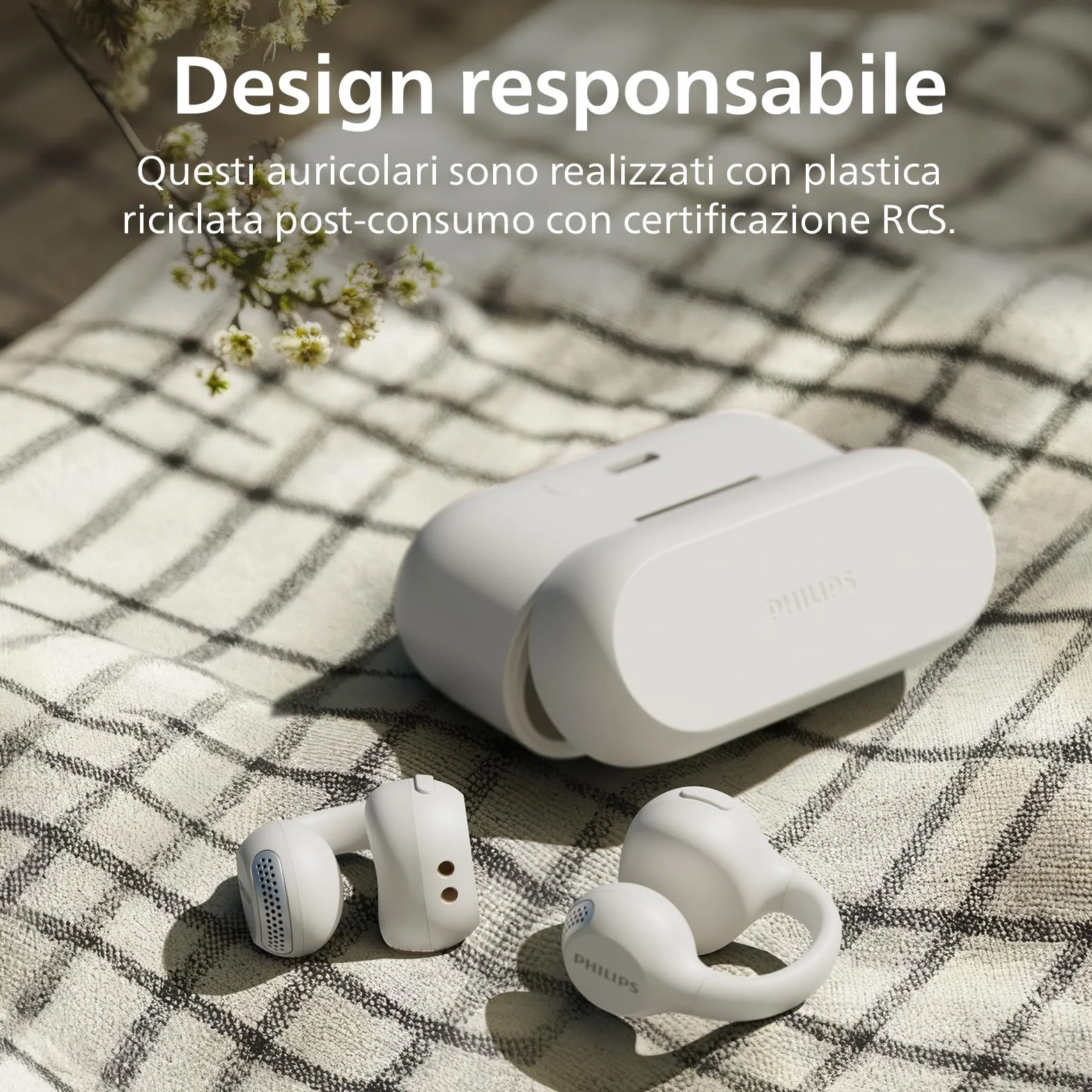 Philips TAQ2000WT auricolari ear-cuff True Wireless open-ear Multipoint Bluetooth - 28 ore di riproduzione, Ricarica tascabile, Chiamate chiare per spostamenti ed allenamento - Bianco