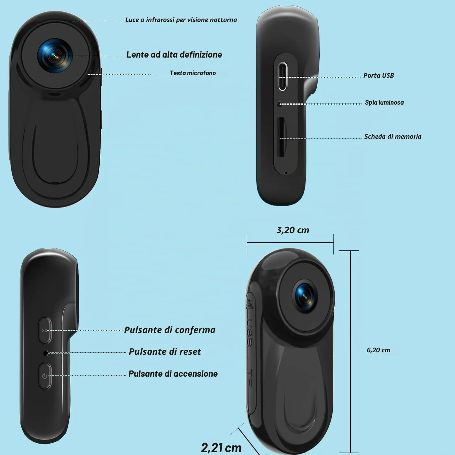 SHMIZZ Mini Action Cam 1080P, Telecamera Sportiva Fotocamere Corporali e Scheda di Memoria 32GB, Mini Vlog Pocket Body Cam Fotocamera Sport,120° Grand Angle con Registrazione Audio e Video