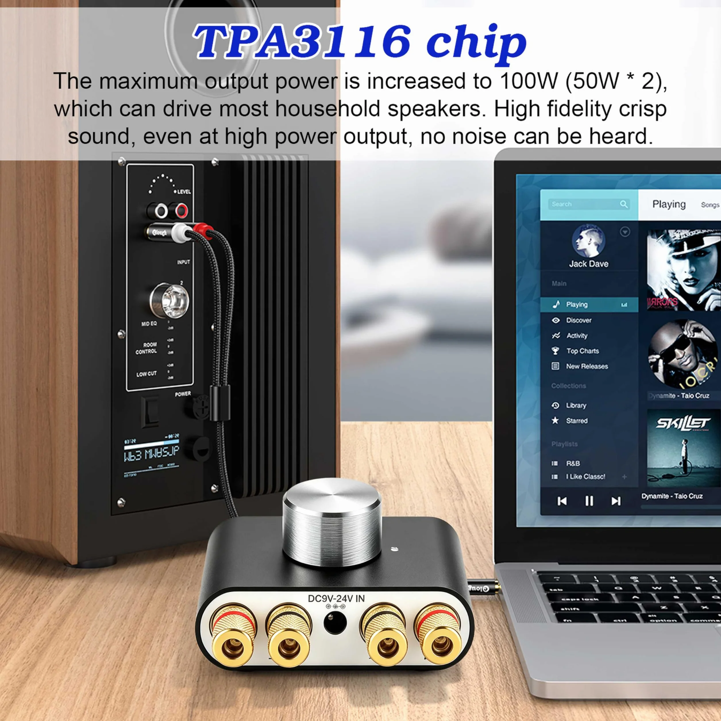 Mini amplificatore Bluetooth, 50 W × 2 HiFi Stereo Amplificatore, amplificatore digitale con alimentatore di rete per sistema audio di casa e ufficio, altoparlante