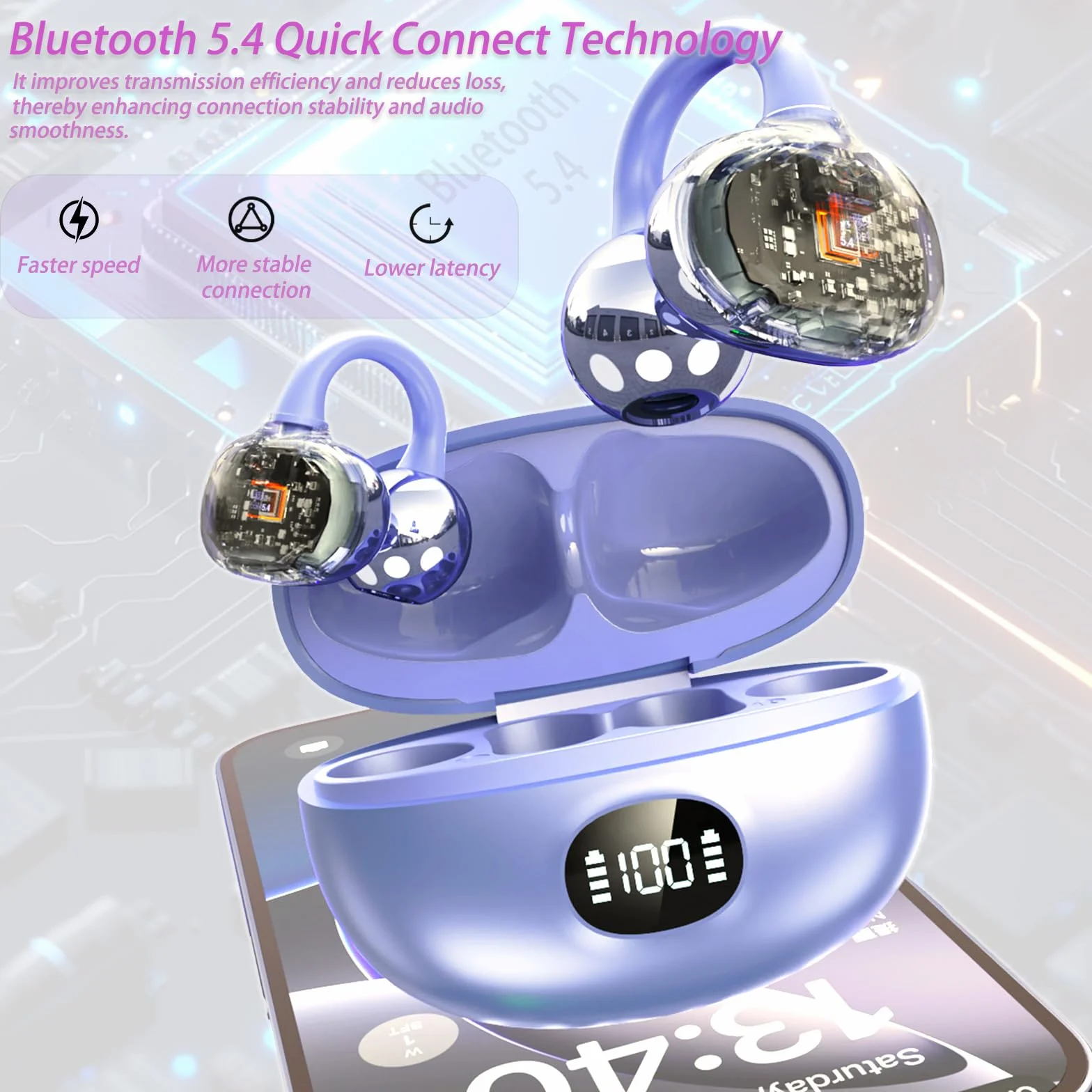 Cuffie Bluetooth 5.4 Ultraleggero 4.3g LED Schermo Design Aperto Stereo HiFi On Ear 50 ore IPX5 Clip Orecchio Wireless