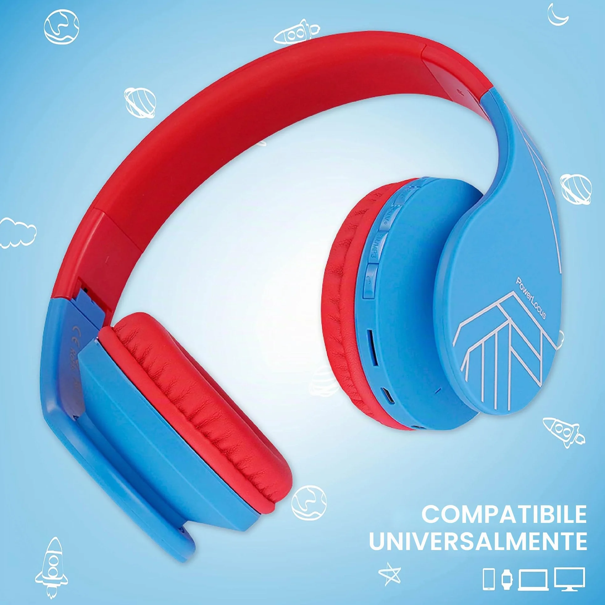 PowerLocus Cuffie Bluetooth per Bambini, Cuffie Senza Fili Over-Ear con Microfono, limitatore di volume a 85 dB, Cuffie Wireless Pieghevoli e Regolabili per Ragazzi e Ragazze per Cellulari/Tablet/PC