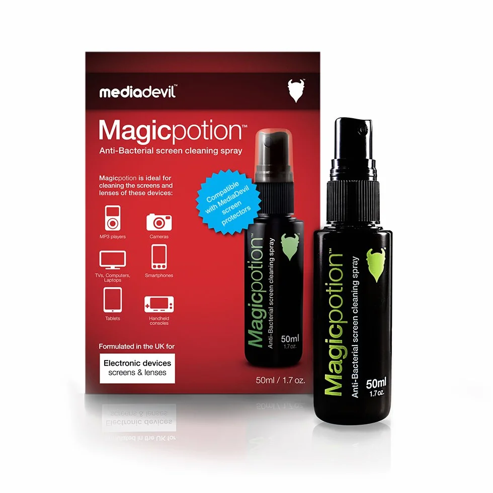 MediaDevil Magicpotion, spray antibatterico per la pulizia dello schermo e delle lenti, 50 ml (confezione da 2) con panno in microfibra