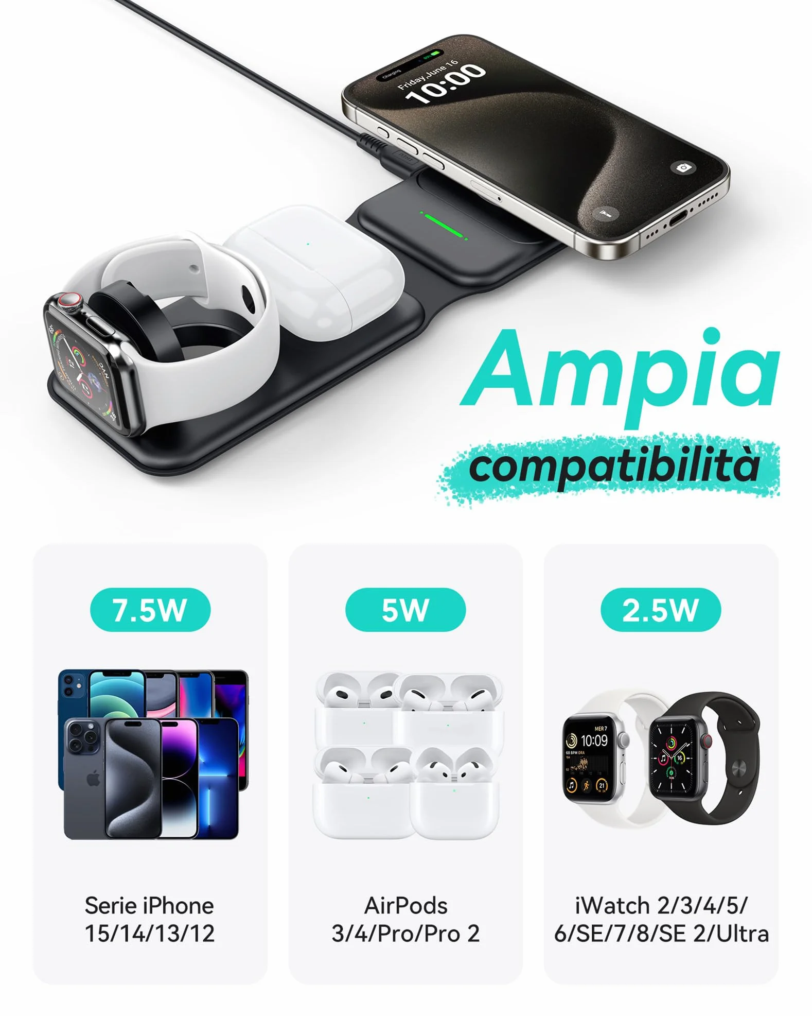 INIU Caricatore Wireless iPhone, Magnetic 3 in 1 Base Ricarica Certificato Qi, Da viaggio Caricabatterie Wireless Universale per iPhone 16 15 14 13 12 Apple Watch 8 7 Ultra AirPods 4 3 Pro ecc.
