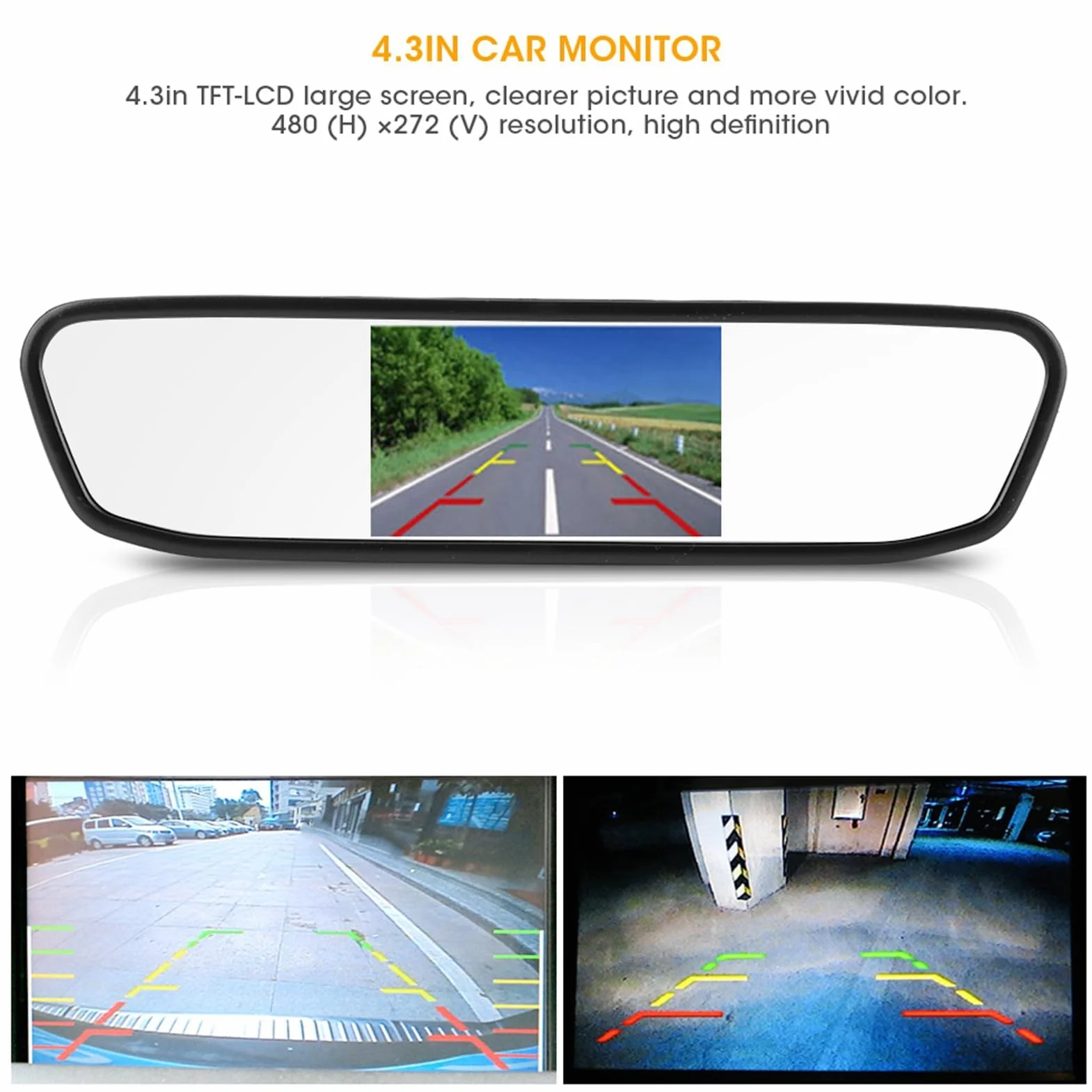 Monitor per specchietto retrovisore per auto HD, 4.3 pollici Monitor per specchietto retrovisore per auto HD 8LED Monitor per telecamera per telecamera per la visione notturna impermeabile
