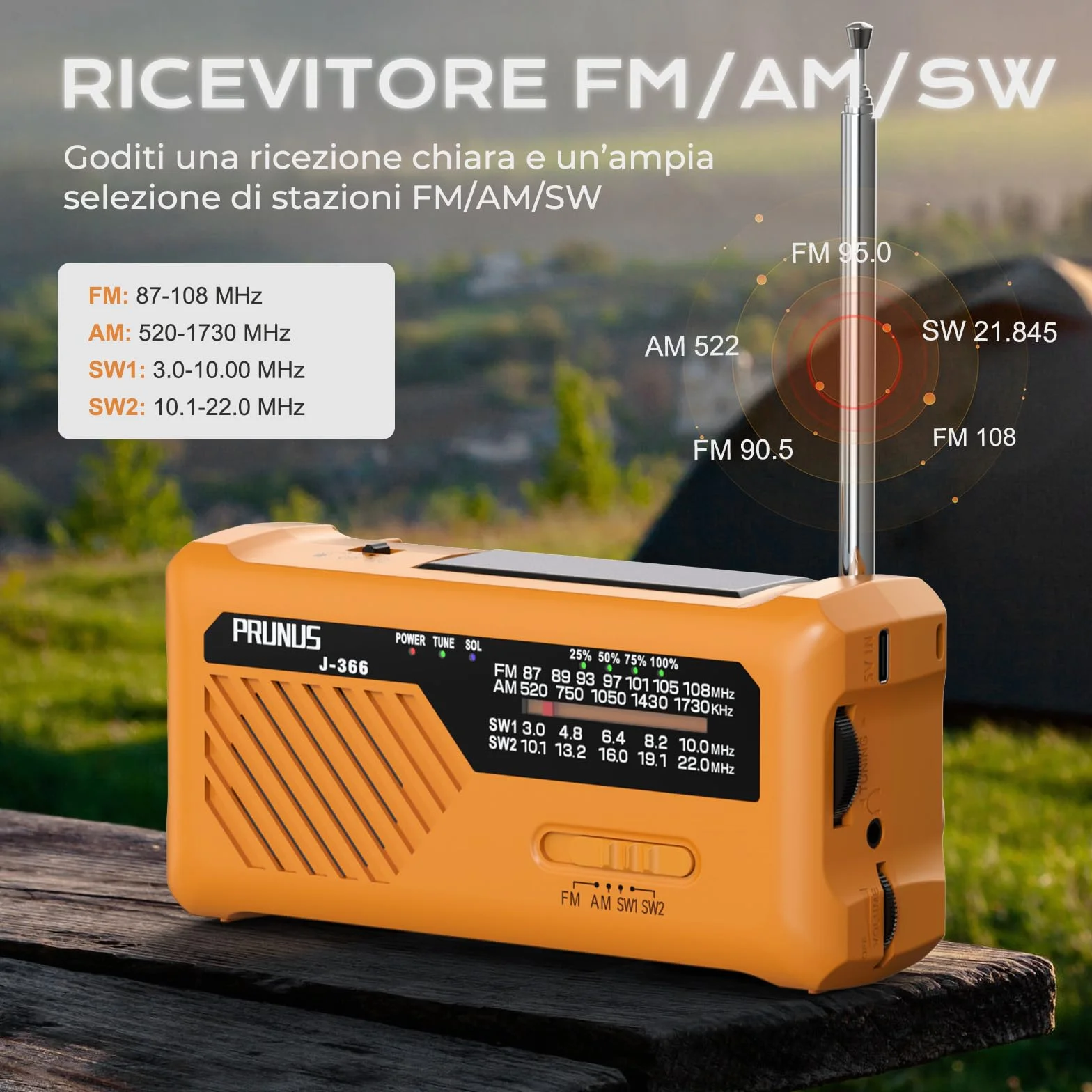 PRUNUS J-366 Radio Portatile Emergenza FM AM SW, 2000 mAh Power Bank con Allarme SOS e Torcia (Giallo)