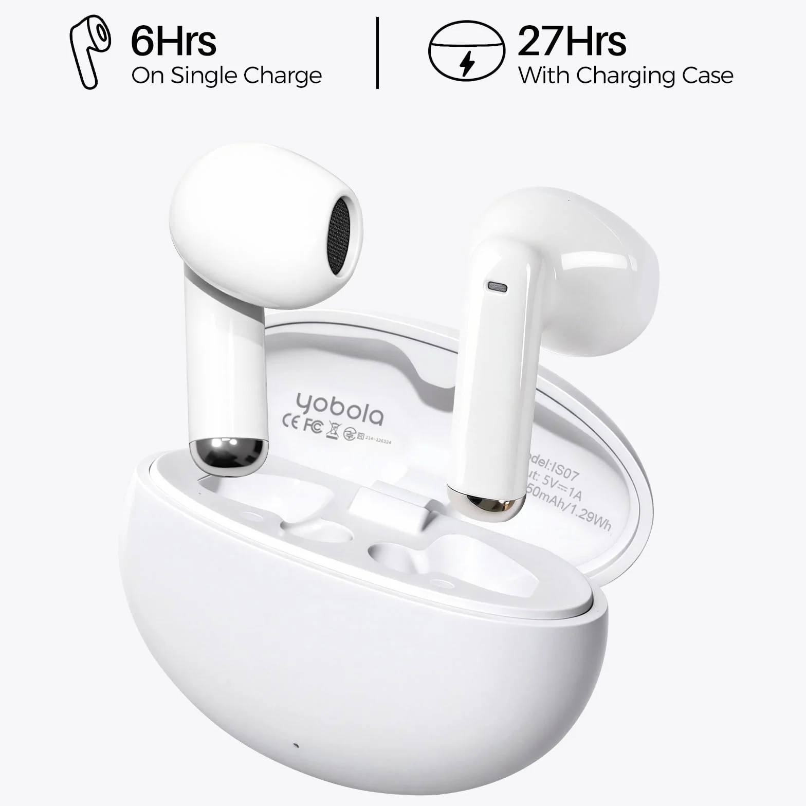 yobola Cuffie Bluetooth 5.4, In-Ear Auricolari Wireless Hi-Fi Stereo con 4 Microfoni HD, Comodo Mini Controllo Tattile IPX7 Impermeabili USB-C 27 Ore Cuffiette per Smartphone/Portatili/Sport, Bianco