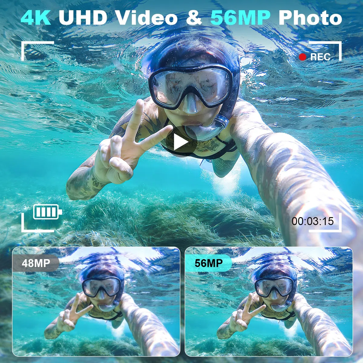 Fotocamera digitale autofocus 56MP 4K fotocamera digitale impermeabile 16x zoom digitale 2,8 pollici schermo subacqueo con scheda da 32 GB