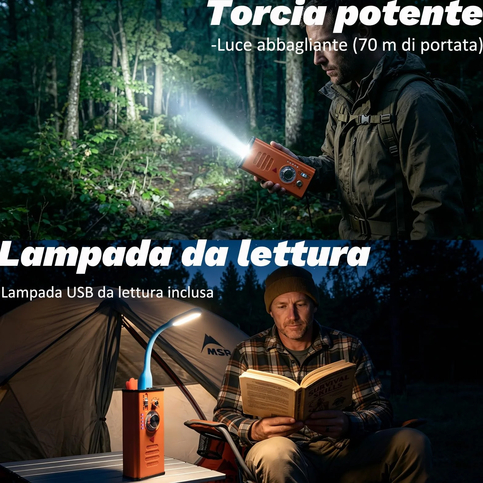 Radio a Manovella di Emergenza con Power Bank 4000mAh, Radio Solare Portatile AM/FM/WB, Torcia LED e Allarme SOS per Campeggio
