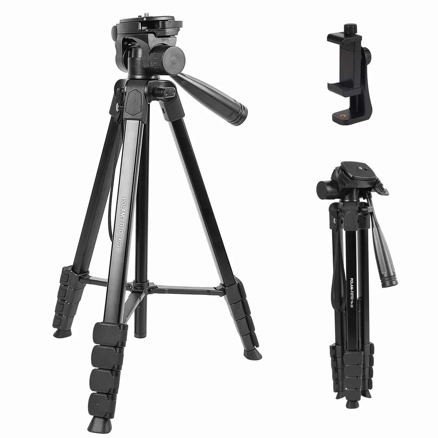 POLAM-FOTO 172 cm Treppiede leggero per smartphone, treppiede in alluminio, con testa panoramica a 3 vie e supporto per cellulare, adatto per smartphone e fotocamere DSLR, nero