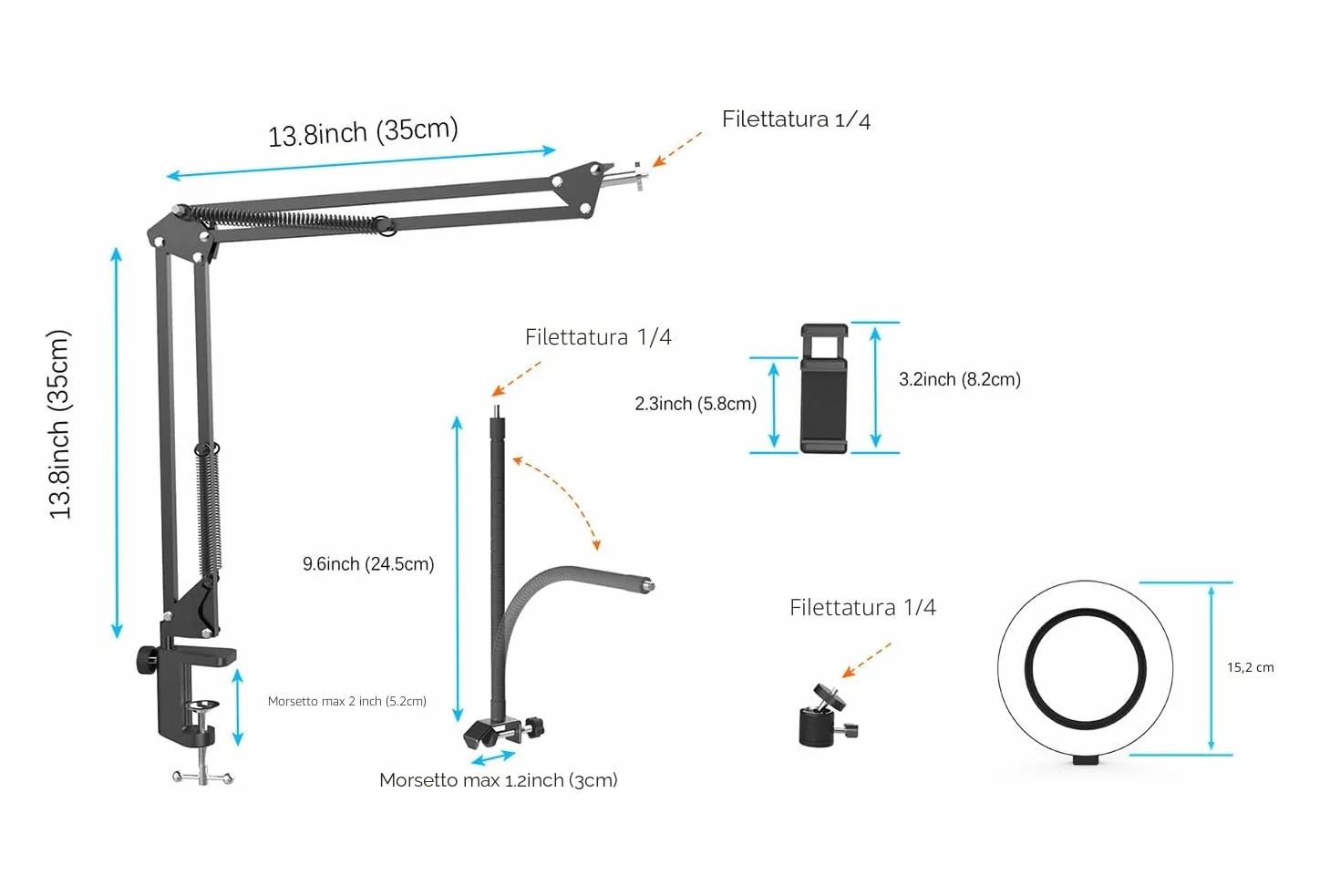Overhead Treppiede cellulare con luce, braccio flessibile da tavolo con luce, supporto flessibile per fotocamera da tavolo per registrazione video YouTube Live Stream
