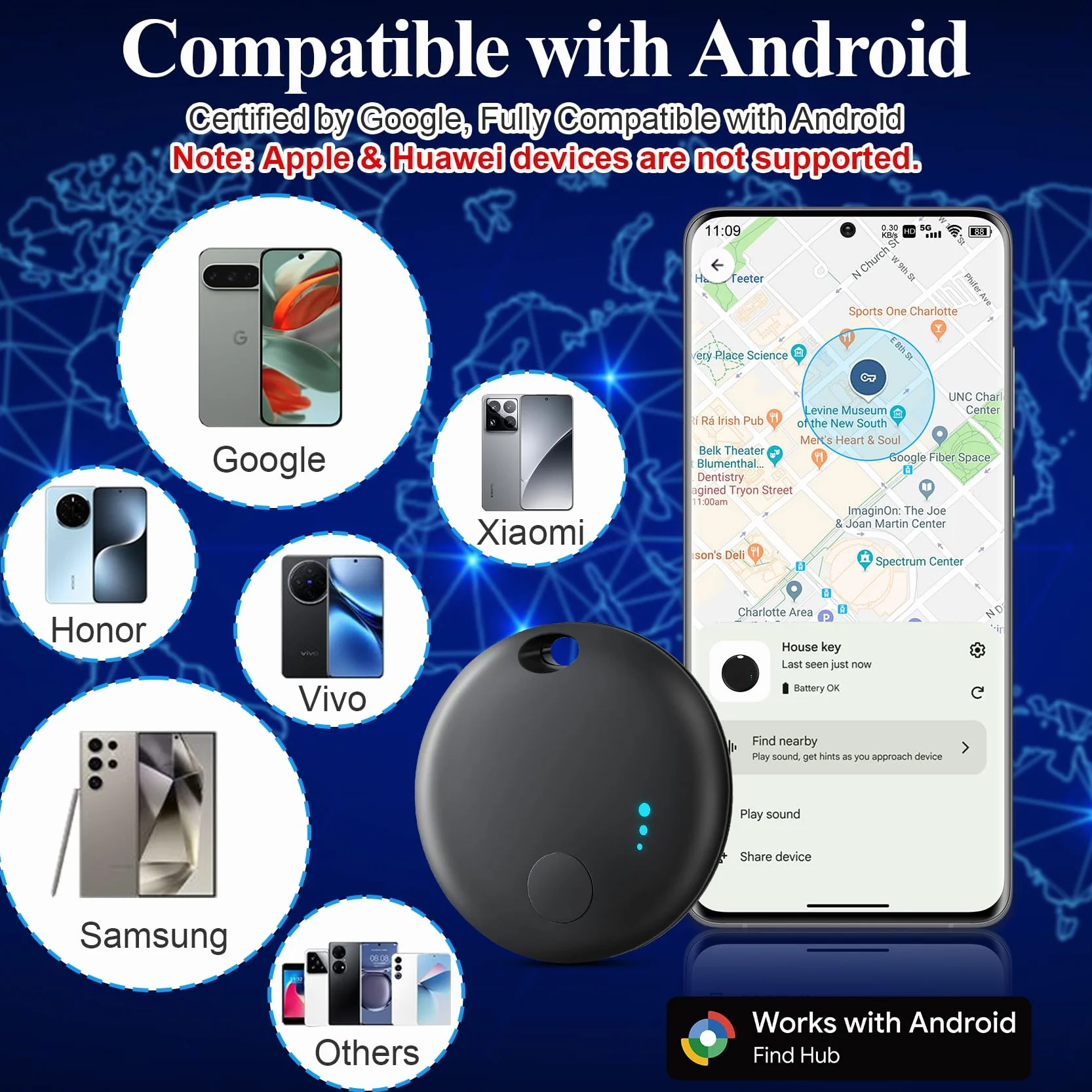 Air Tracker Android, 2 PCS Smart Tracker Localizzatore Chiavi Compatibile con Trova Dispositivo(Solo Android), Bluetooth Tracker Tag Compatibile per Portafogli,Chiavi,Zaini (Nero)