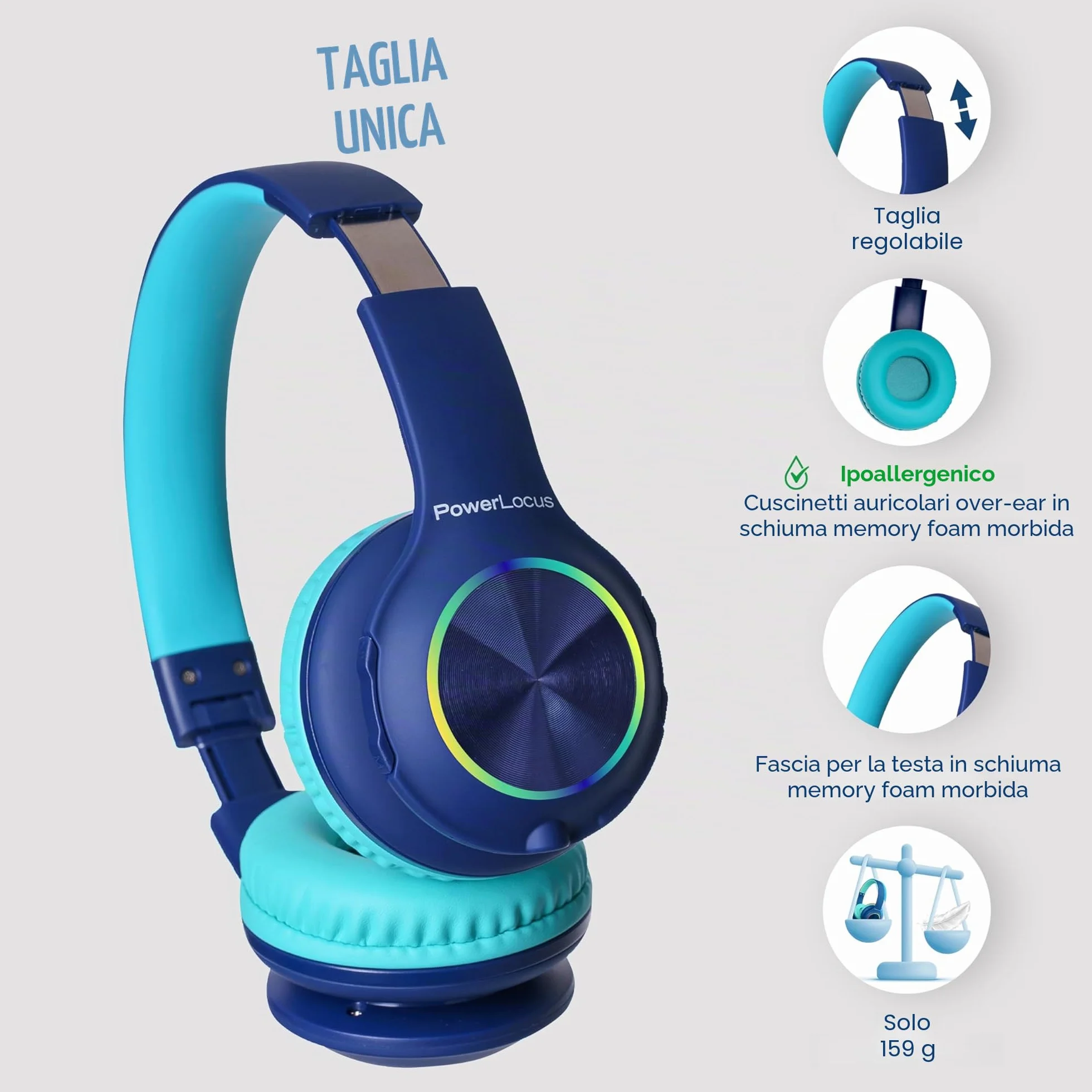 PowerLocus Cuffie Bluetooth pieghevoli senza fili per bambini con luci LED, HD Stereo, USB-C Ricarica Rapida, Micro integrato, SD Modalità e cablata per iPhone/Tablet/TV
