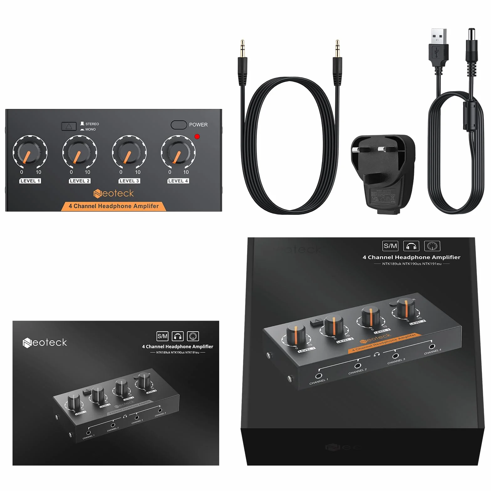 Neoteck Amplificatore per Cuffie 4 Canali Stereo Audio Mono/Stereo in Metallo con Cavo 3,5 mm