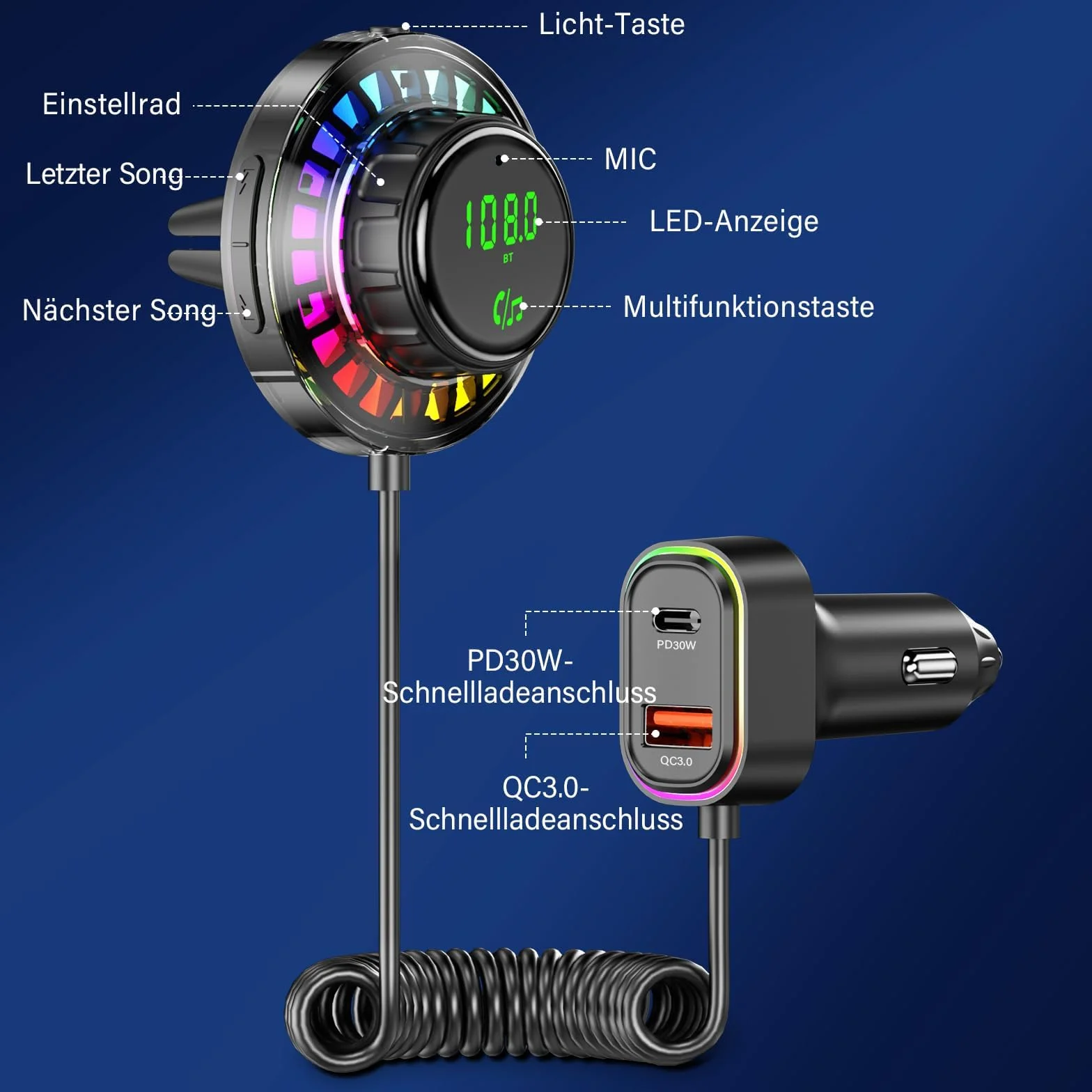 Adattatore Bluetooth Auto FM Transmitter con Luce RGB - Vivavoce Bluetooth 5.3, Caricabatterie PD30W USB-C & QC3.0, Adattatore Bluetooth per Auto per iPhone Android Autoradio OHFAMO