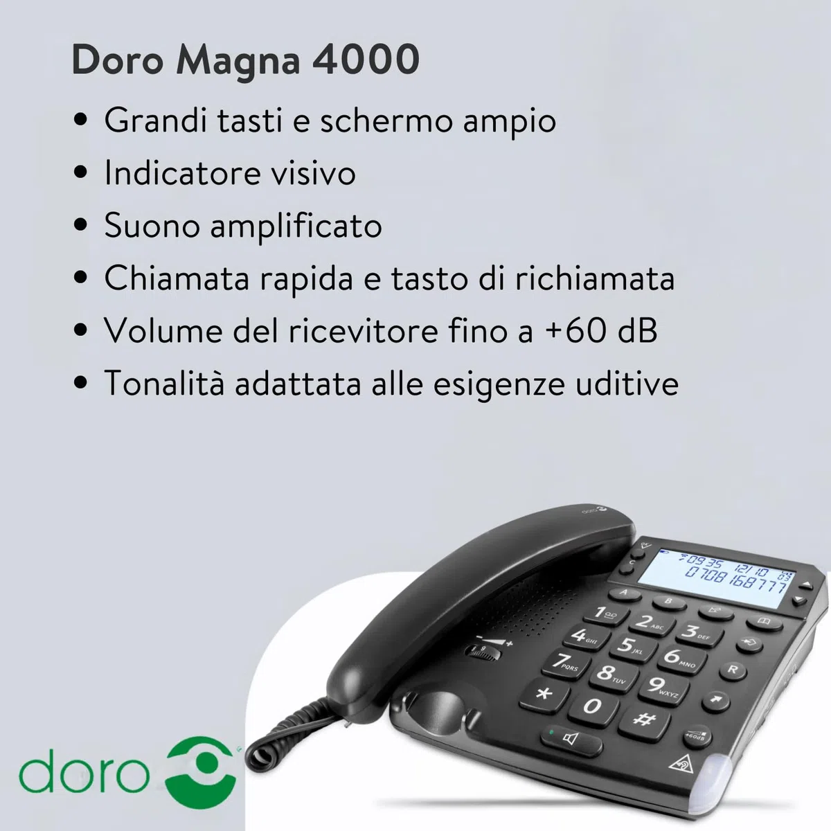 Doro Magna 4000 Telefono Fisso Casa per Anziani - Cornetta - Tasti Grandi - Volume Alto - Display - Compatibile Apparecchi Acustici - LED Chiamate - Vivavoce - No Segreteria (Nero)