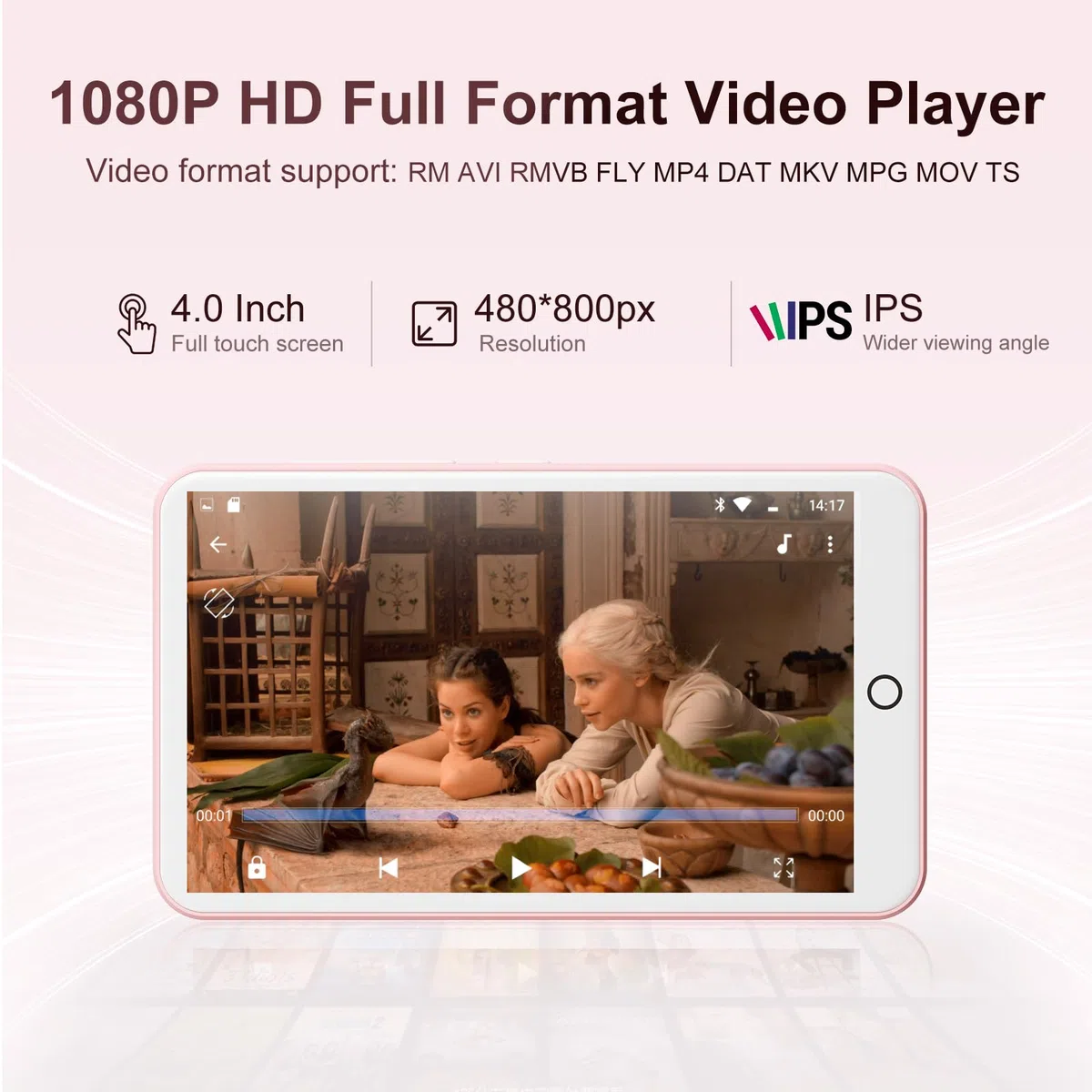 Lettore MP3 con Bluetooth e WiFi, Oilsky 80GB Portable MP3 Music Player con Spotify, Audible, Deezer, 4 pollici 1080P Touchscreen MP4 Player, Android 9.0 (rosa)