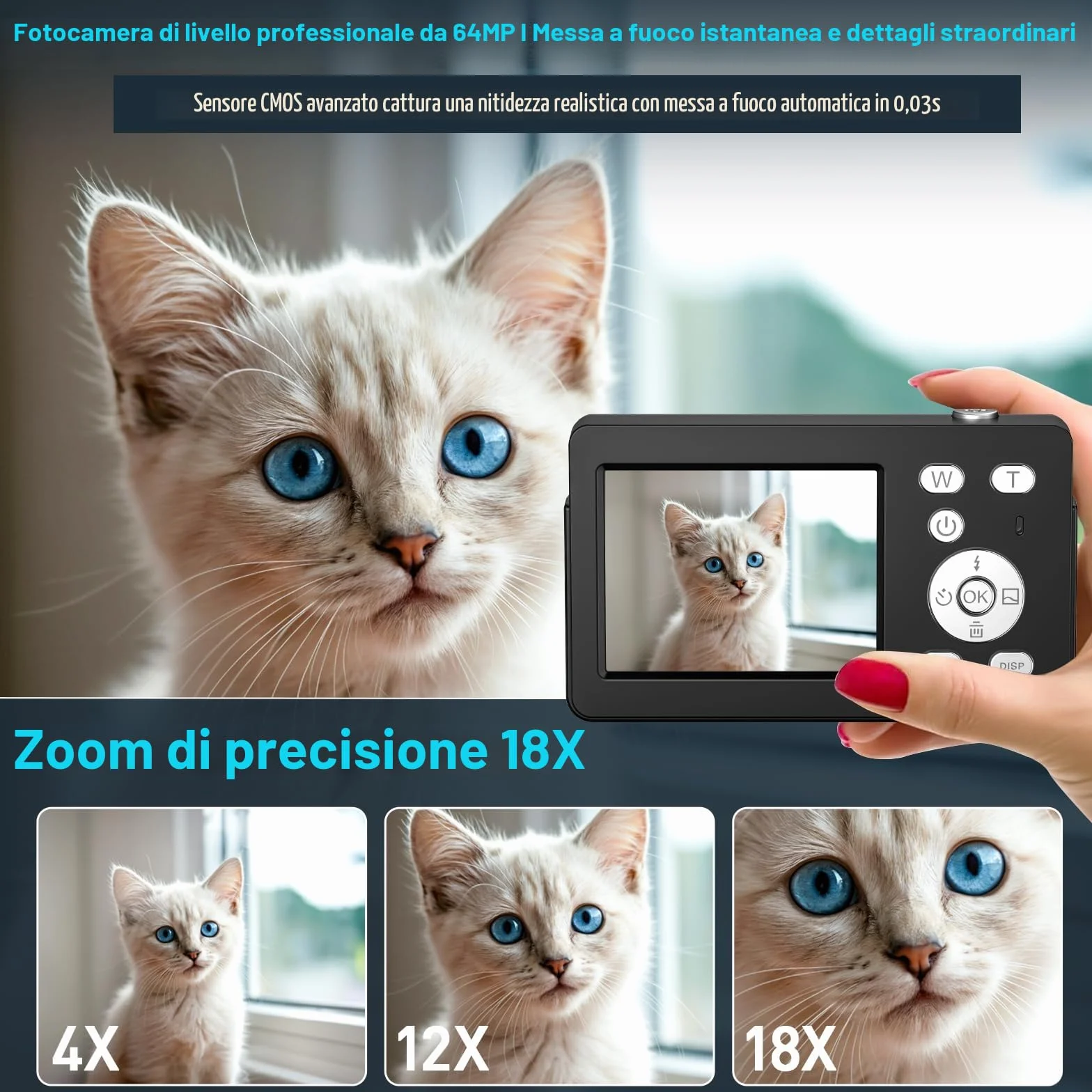 Macchina Fotografica Digitale, Fotocamera Digitale Compatta 4K 64MP, Scheda da 32 GB, Anti-vibrazione, Zoom 18X, Videocamera per Vlogging per Adolescenti, Principianti, Adult (Nero)