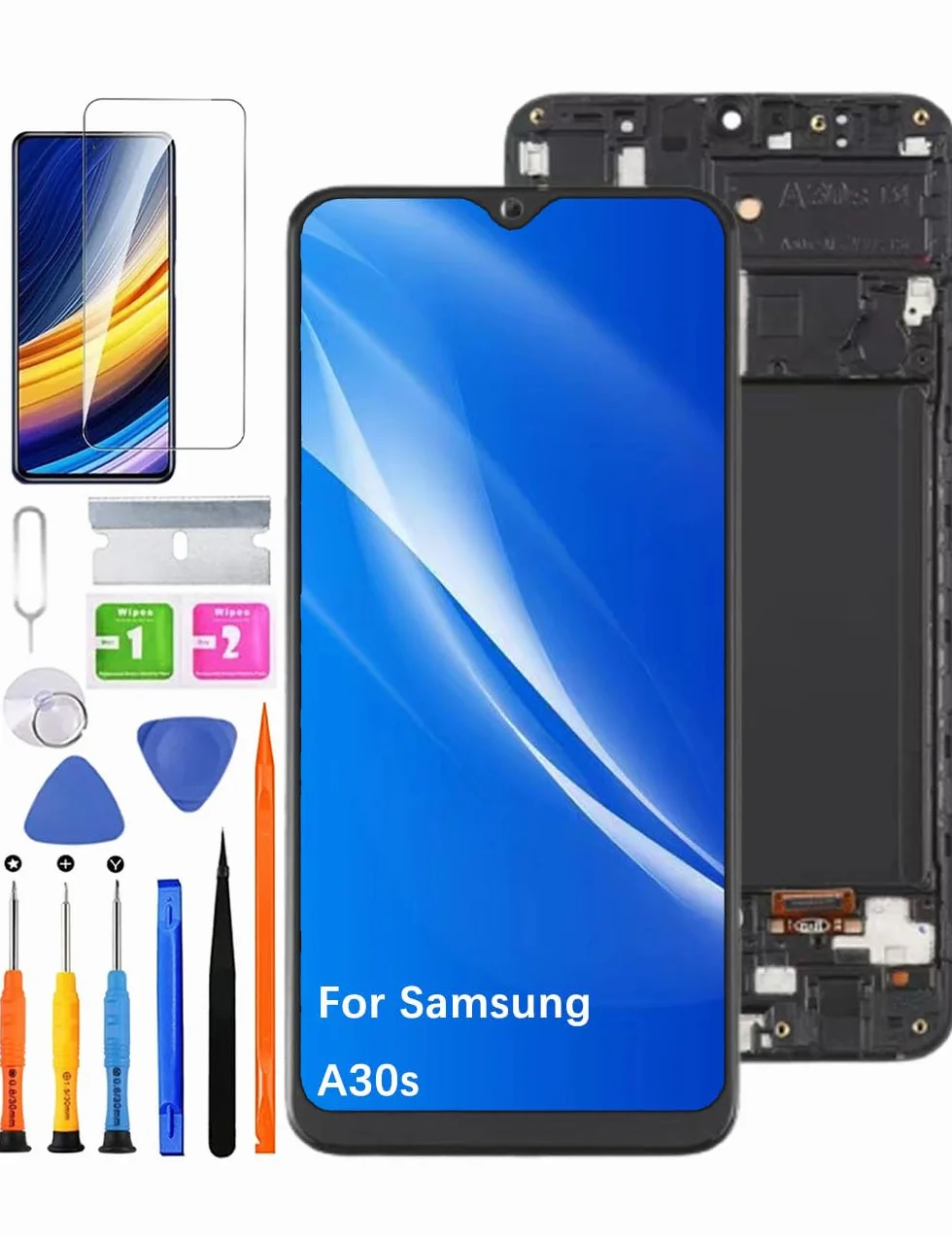 Schermo LCD sostitutivo per Samsung Galaxy A30s, schermo TFT LCD, A307F A307FN A307G, schermo LCD Display Touch Digitizer Assembly Kit di riparazione (senza impronte digitali, nero con cornice)