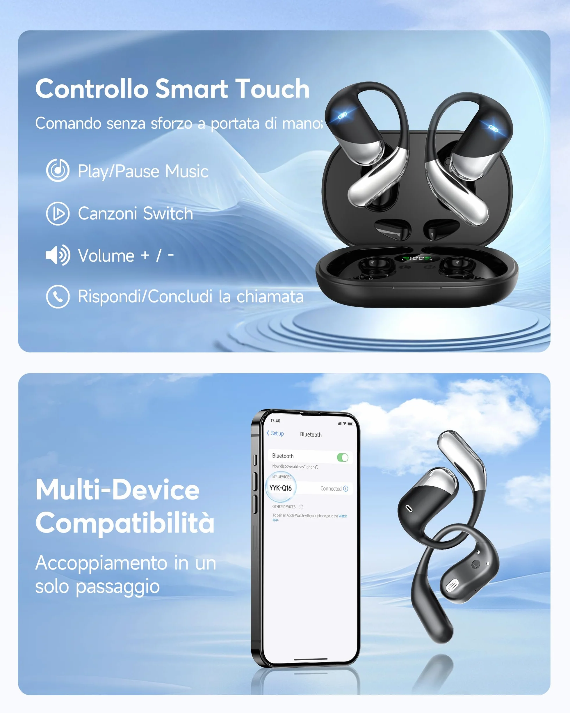 Cuffie Bluetooth Auricolari Bluetooth 6.1, 2026 Sport Cuffiette Wireless, Cuffie Open Ear 60 Ore di Riproduzione, Cuffie Senza Filo HiFi Stereo IP7 Impermeabili, Auricolare Bluetooth per iOS & Android