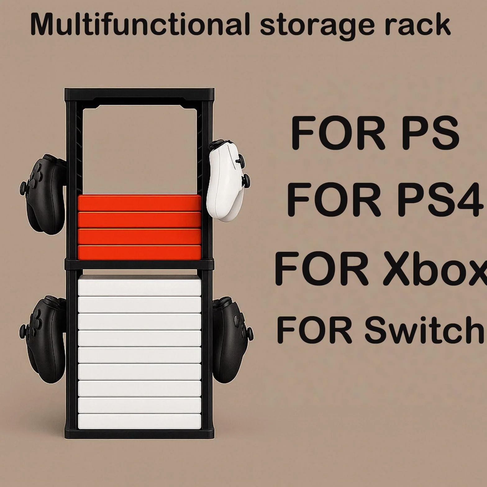 Supporto a torre di archiviazione per giochi per PS5, PS4, Xbox Series X/S, Xbox One, Switch e dischi Blu-Ray - Rack organizer per 24 dischi con controller e ganci per cuffie, salvaspazio