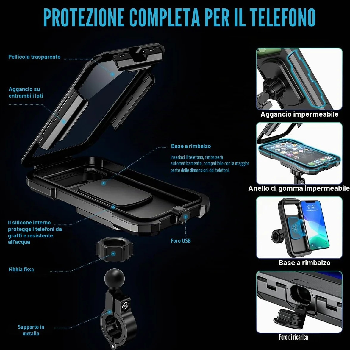 Supporto Telefono Moto Impermeabile con Rotazione 360° Anti Vibrazione per Smartphone 5.5-6.8"