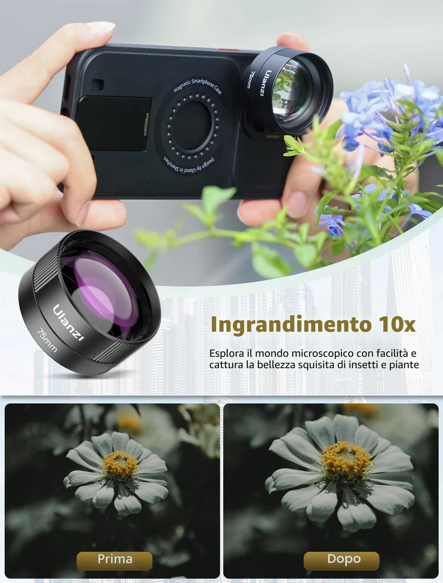 Ulanzi CL-003 Obiettivo Macro del Telefono Cellulare 75 Mm, Ingrandimento 110x Hd, Set Di Obiettivi per Fotocamera con Clip Da 17 mm compatibile con Iphone, Samsung E Xiaomi