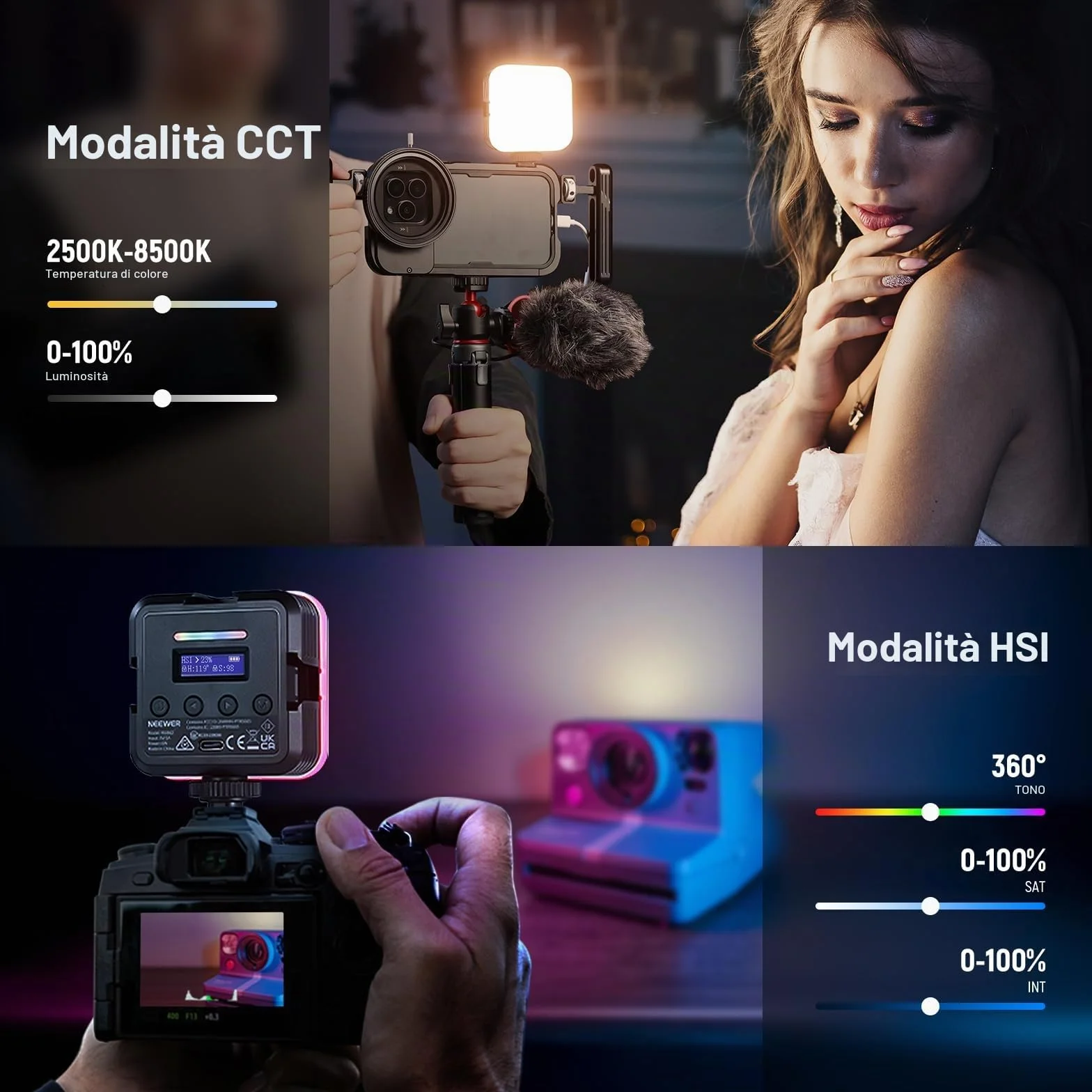 NEEWER Luce Fotocamera RGB Magnetica, Piccolo Pannello Video LED RGB61 a Colori 360° con 3 Cold Shoe, CRI 97+, 20 Modalità Scena, 2500K-8500K, 2000mAh, Illuminazione Selfie Portatile per Foto Video
