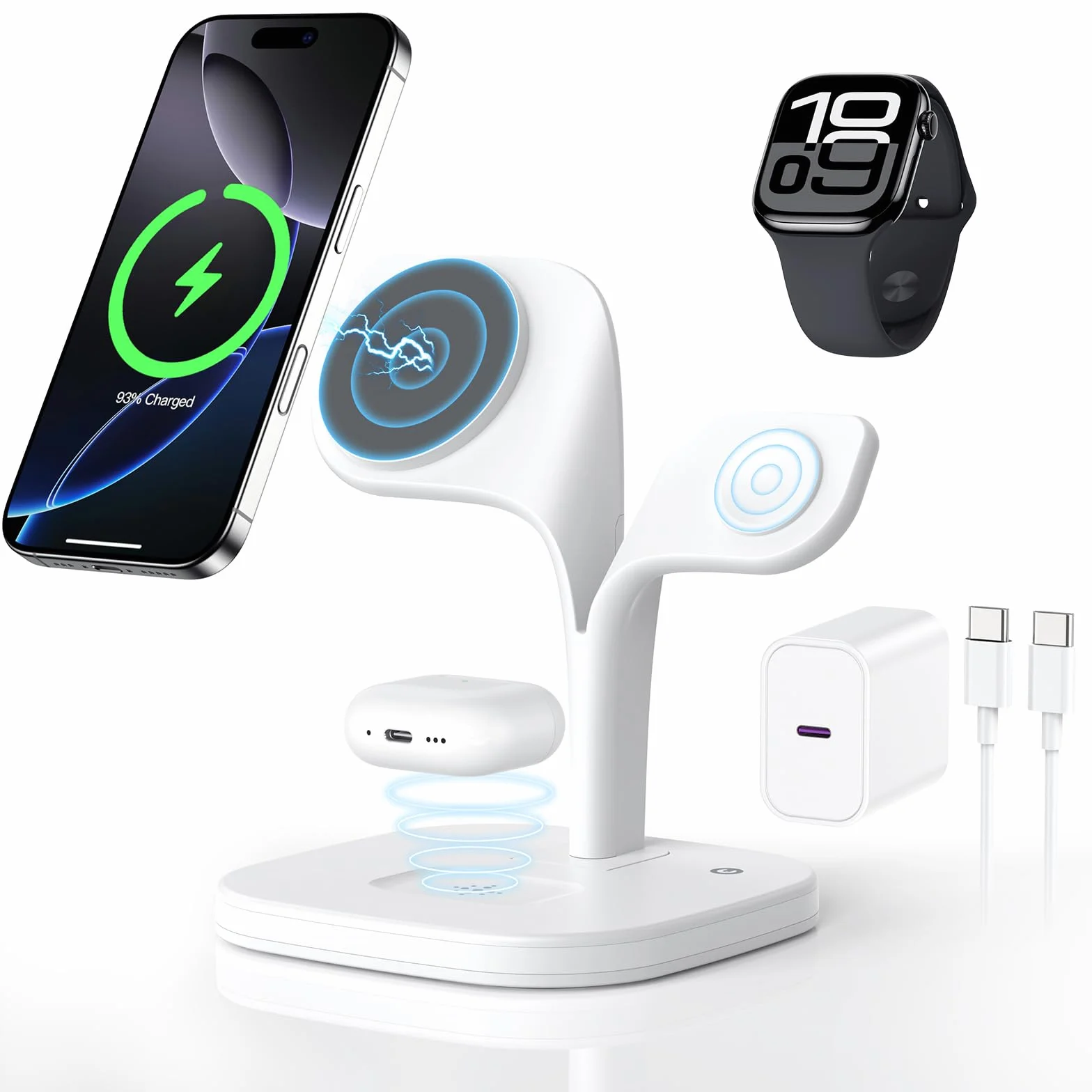 HJCE Caricatore Wireless 3 in 1 per iPhone MagSafe Stazione Ricarica per iPhone 17e Air 17 16 15 14 13 12 Series, per Apple Watch 11/10/9/8/7/6/5/4/3/2/SE/Ultra, per AirPods 3/2/Pro